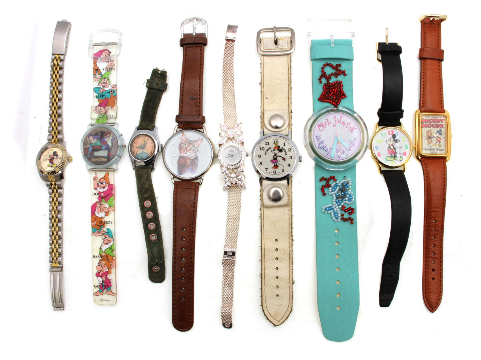 A LOT OF VINTAGE WRISTWATCHES LORUS LENOX: A lot of vintage lady's girls watches from different famous manufacturers, as Quartz, Lorus, Lenox, and others, included items with Disney collection of Walt Disney's Mickey and Minnie Mouse and other