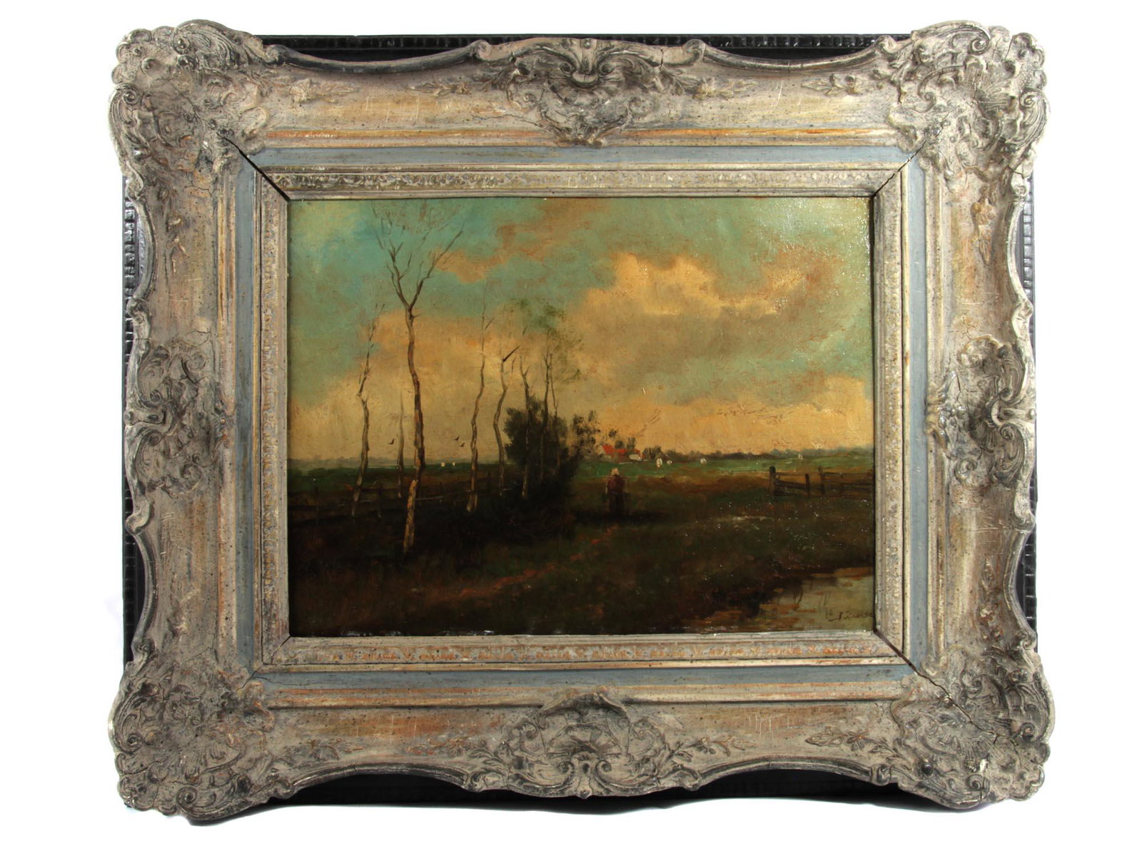 A 19TH DUTCH OIL PAINTING ON BOARD HAGUE SCHOOL: A 19th century Dutch oil landscape painting on board, Hague school, a group of artists who lived and worked in The Hague between 1860 and 1890, and generally made use of relatively somber colors. Sign