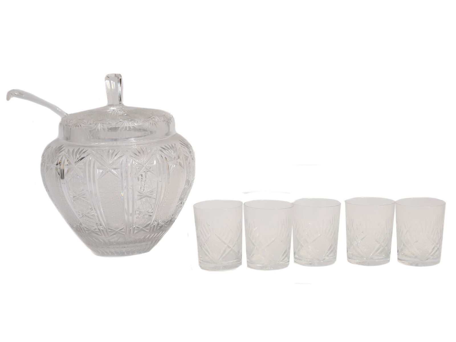 AN ANTIQUE CUT CRYSTAL PUNCH BOWL WITH 5 GLASSES (1 of 3)