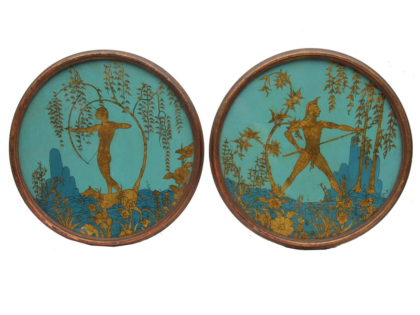 AN ANTIQUE PAIR ROUND REVERSED PAINTINGS ON GLASS (1 of 6)