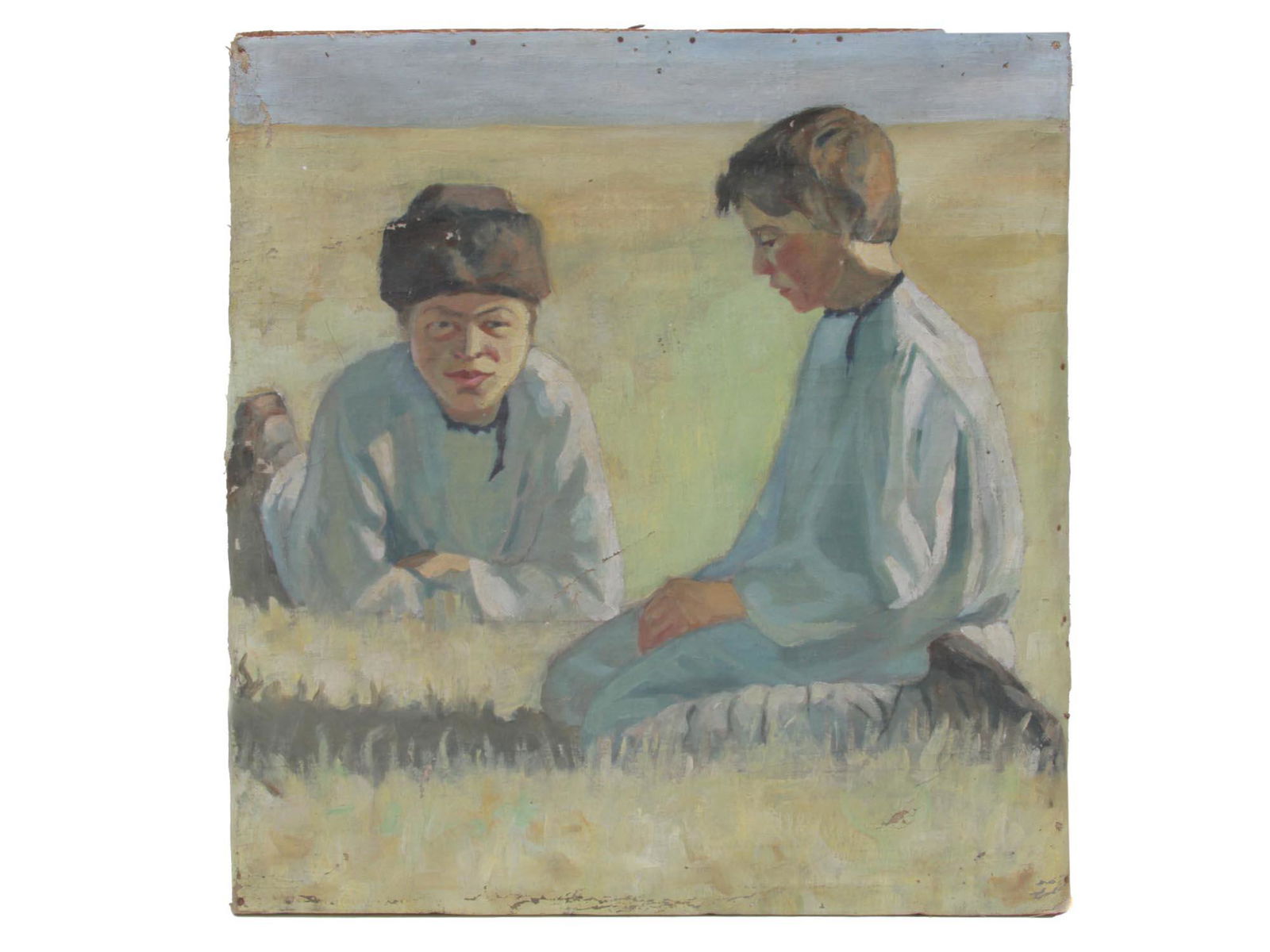 RUSSIAN SCHOOL OIL PAINTING ON CANVAS BOYS FIELD (1 of 3)