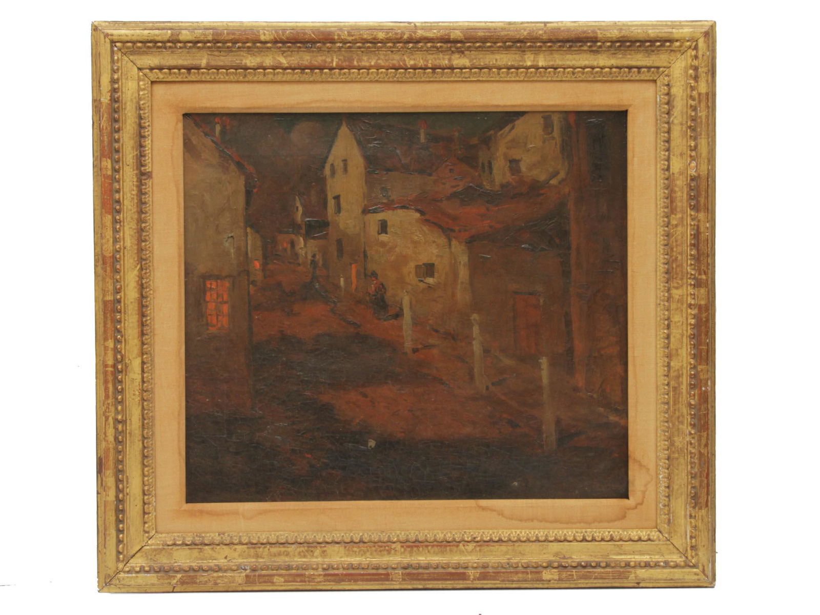 AN ANTIQUE OIL PAINTING ON BOARD EUROPEAN TOWN (1 of 5)