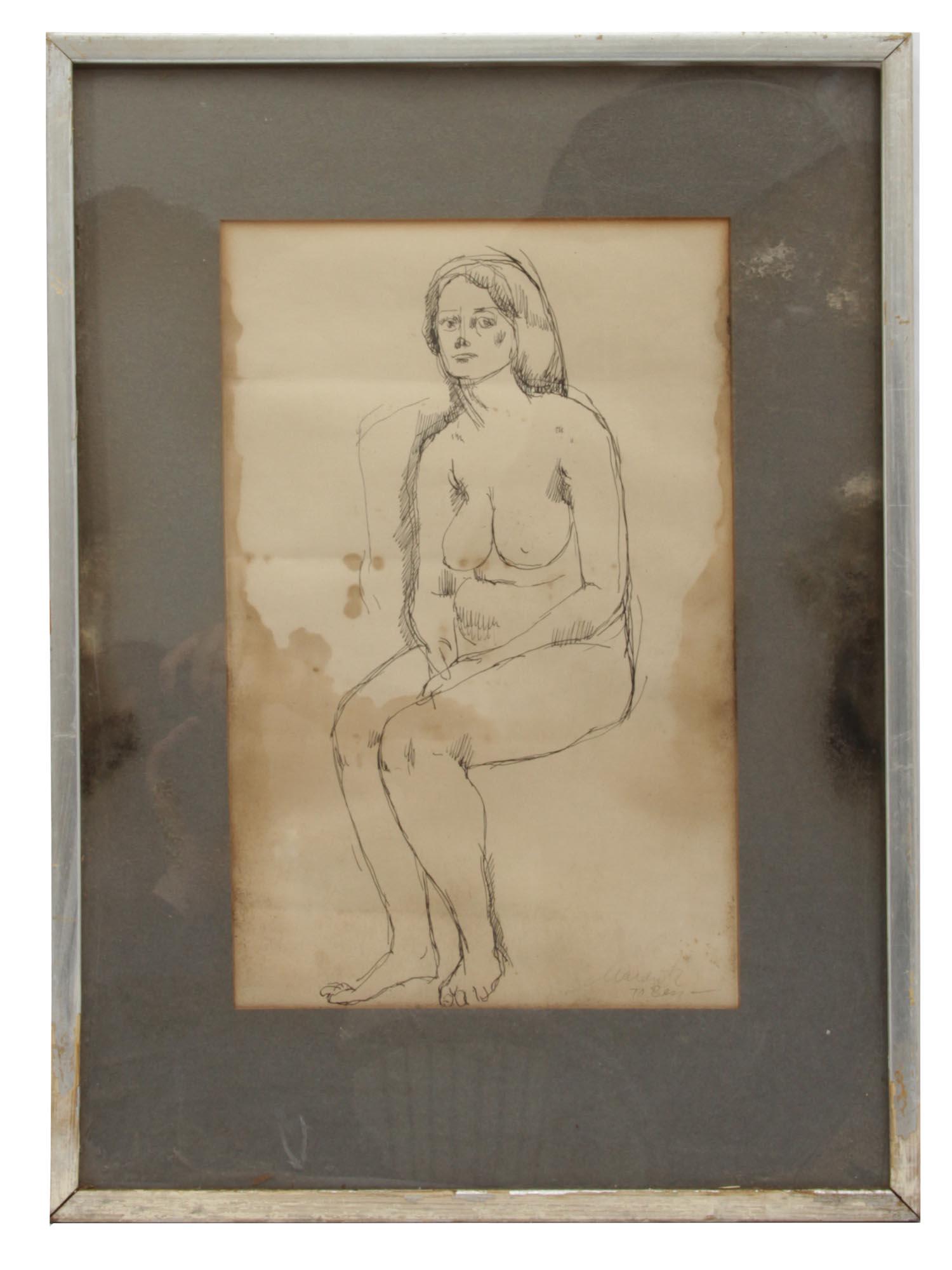 VINTAGE INK ON PAPER NUDE FEMALE PORTRAIT FRAMED: A vintage ink on paper depicting a nude female portrait. Signed in pencil, to Ben, lower right. Framed and glazed. Dimensions: Frame size: 18 1/2 x 13 1/2 in.Picture size: 12 x 8 in.