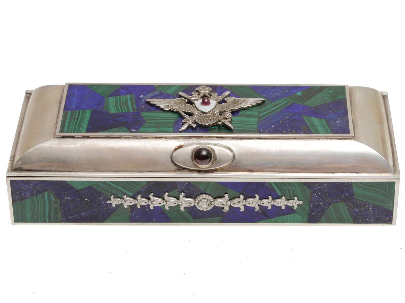A RUSSIAN SILVER MALACHITE AND LAPIS CIGAR BOX (1 of 7)