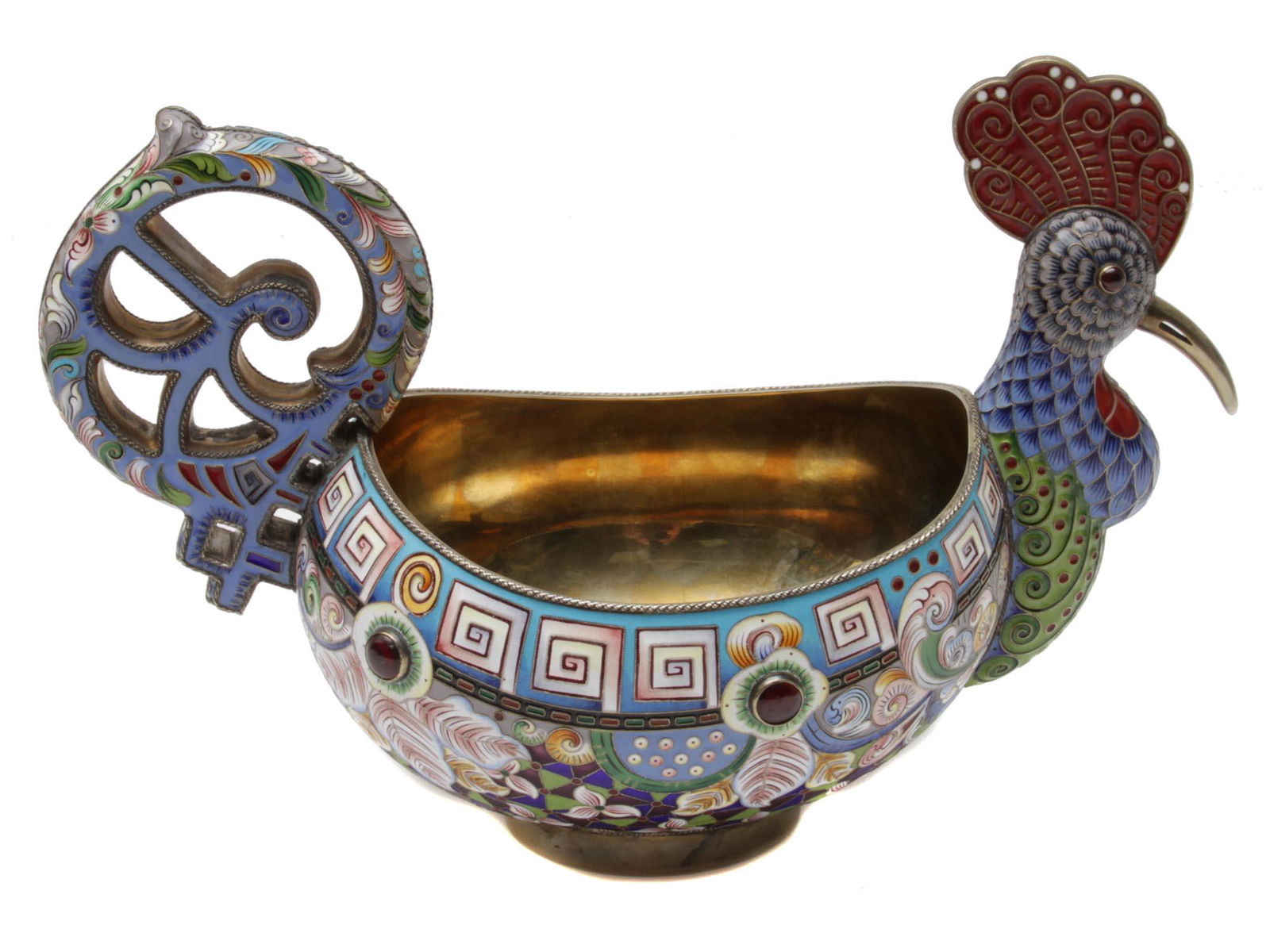 A RUSSIAN 84 SILVER ENAMELED KOVSH ROOSTER BIRD (1 of 13)