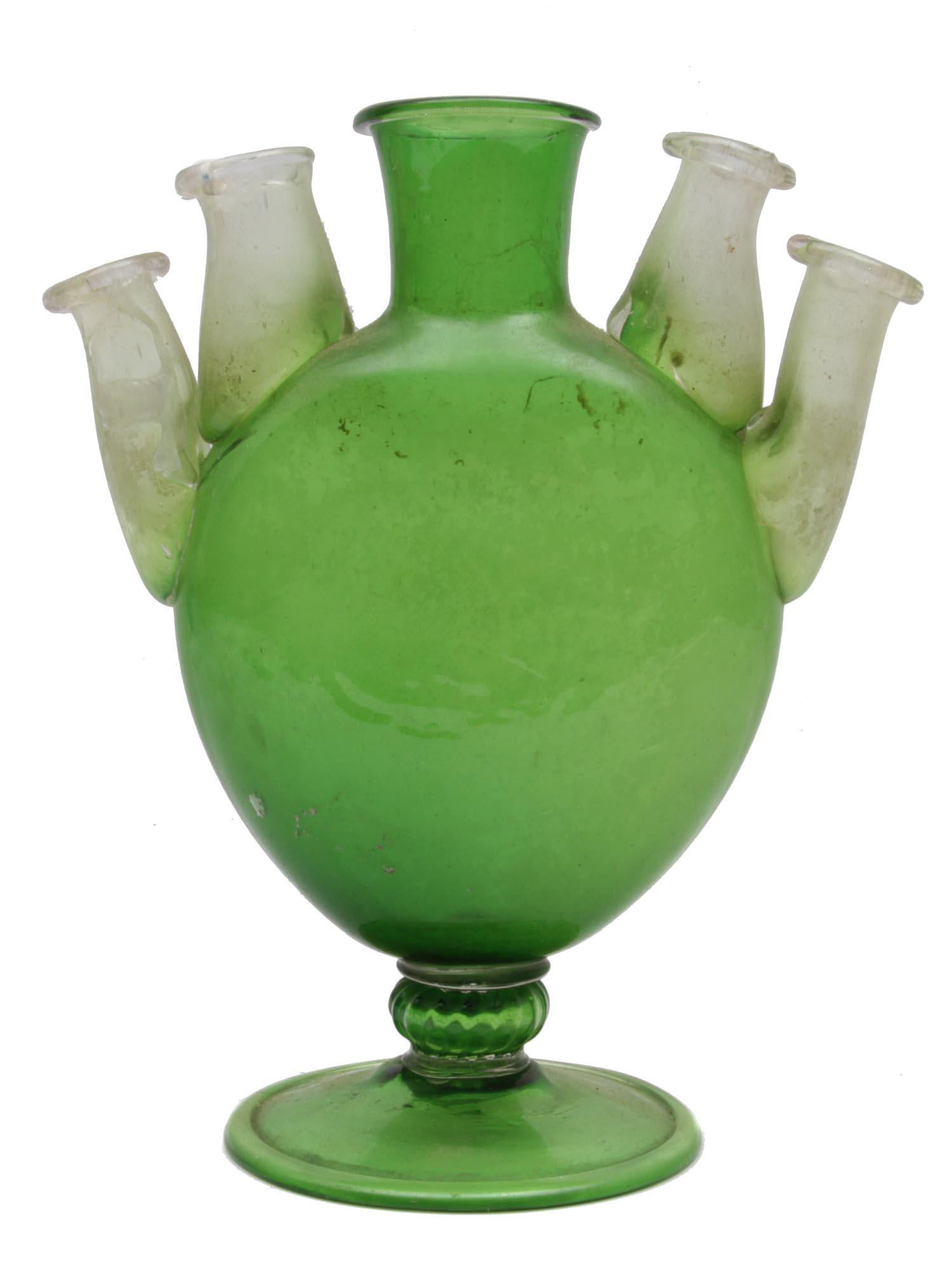 AN ANTIQUE GREEN GLASS FLOWER VASE QUINTUPLE-NECK (1 of 5)