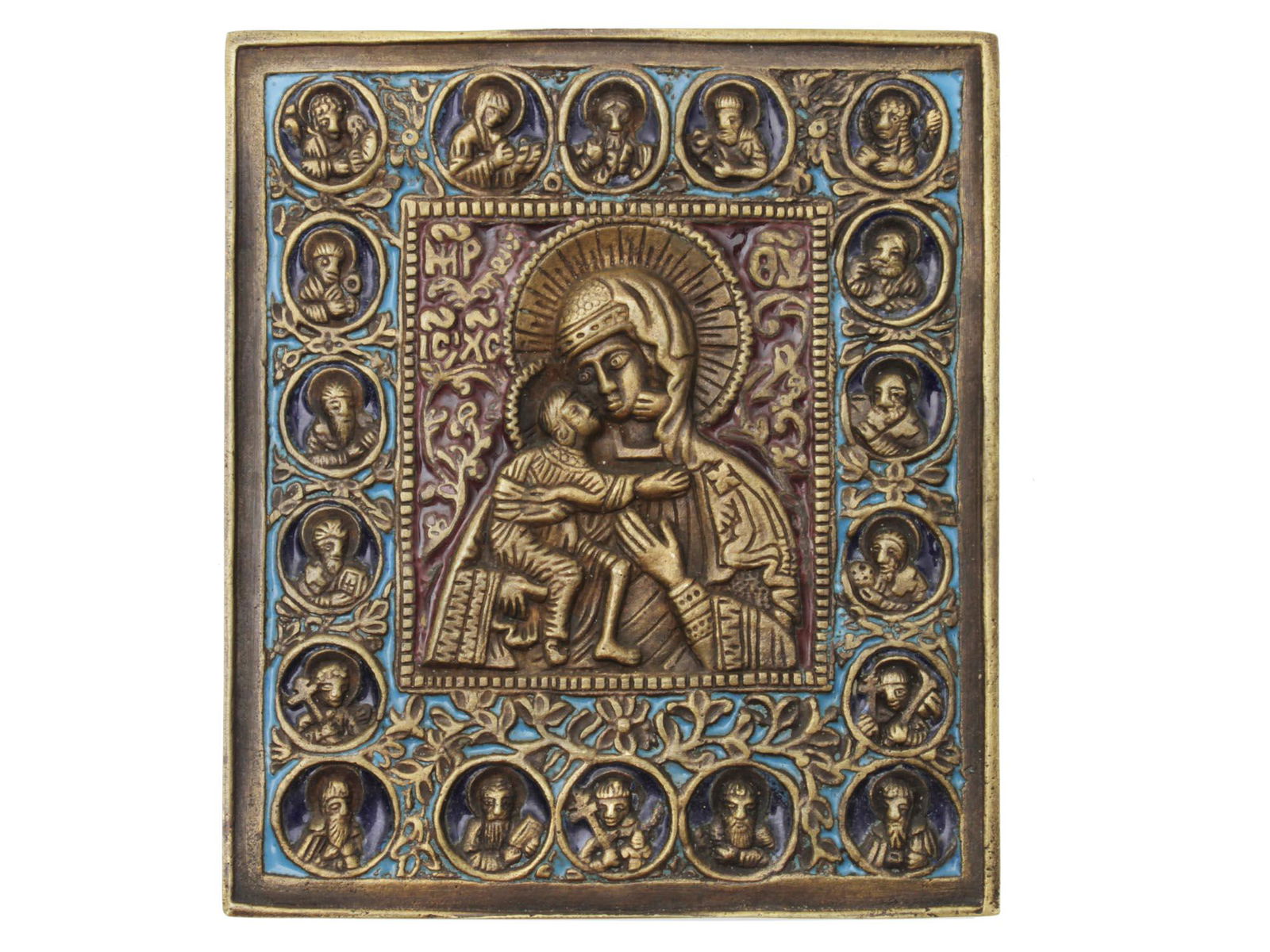 ANTIQUE RUSSIAN BRASS ENAMEL ICON MOTHER OF GOD (1 of 2)