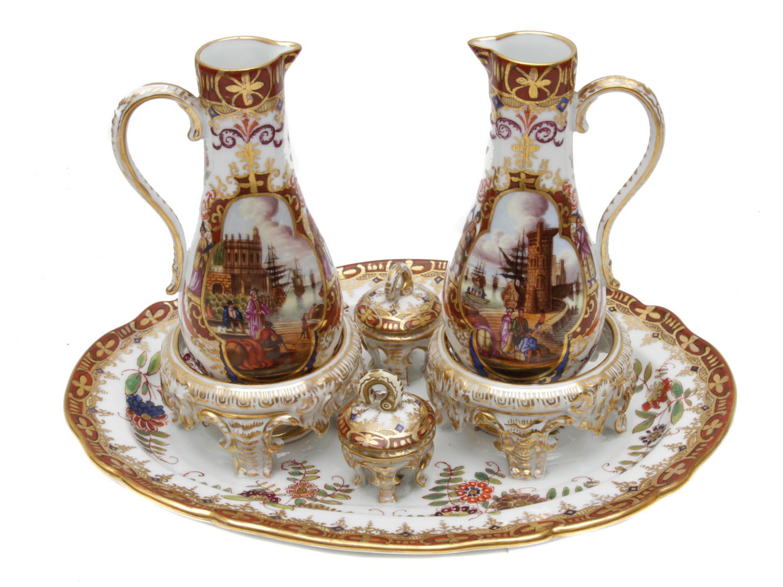 AN ANTIQUE MEISSEN PORCELAIN PAINTED CRUET SET (1 of 8)