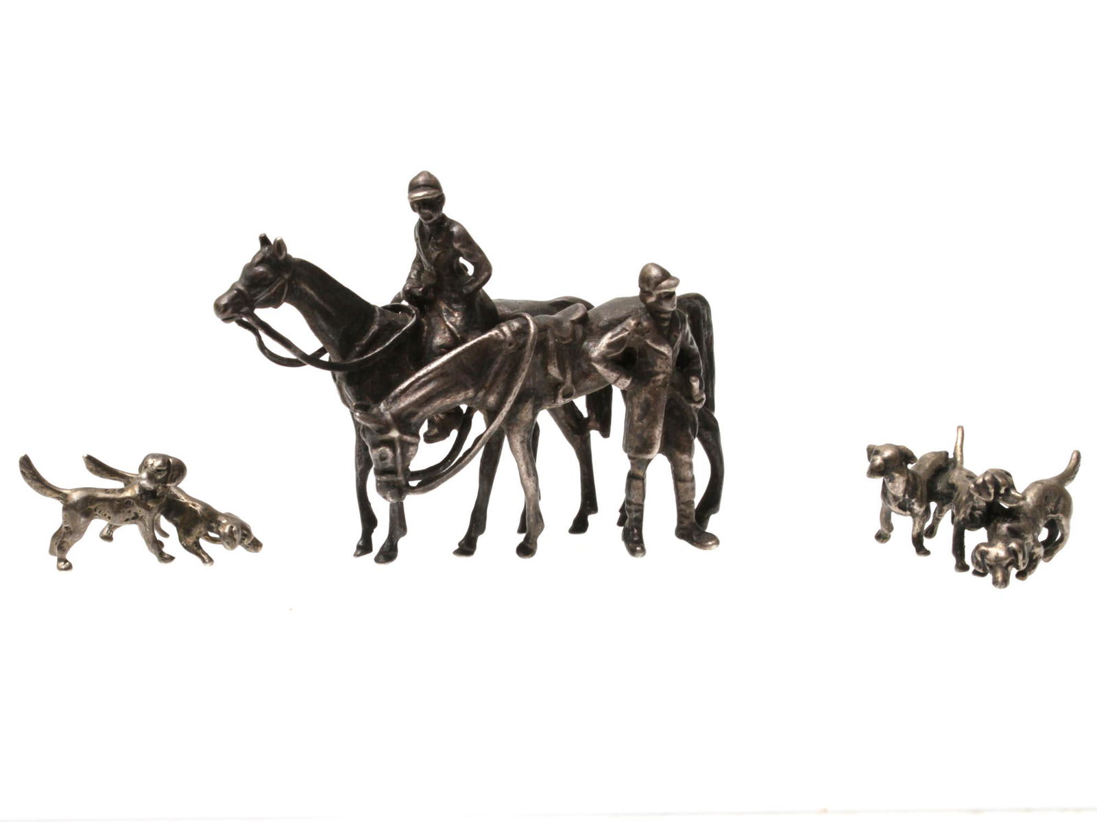 A VINTAGE SILVER FIGURINES HUNTERS HORSES DOGS (1 of 3)