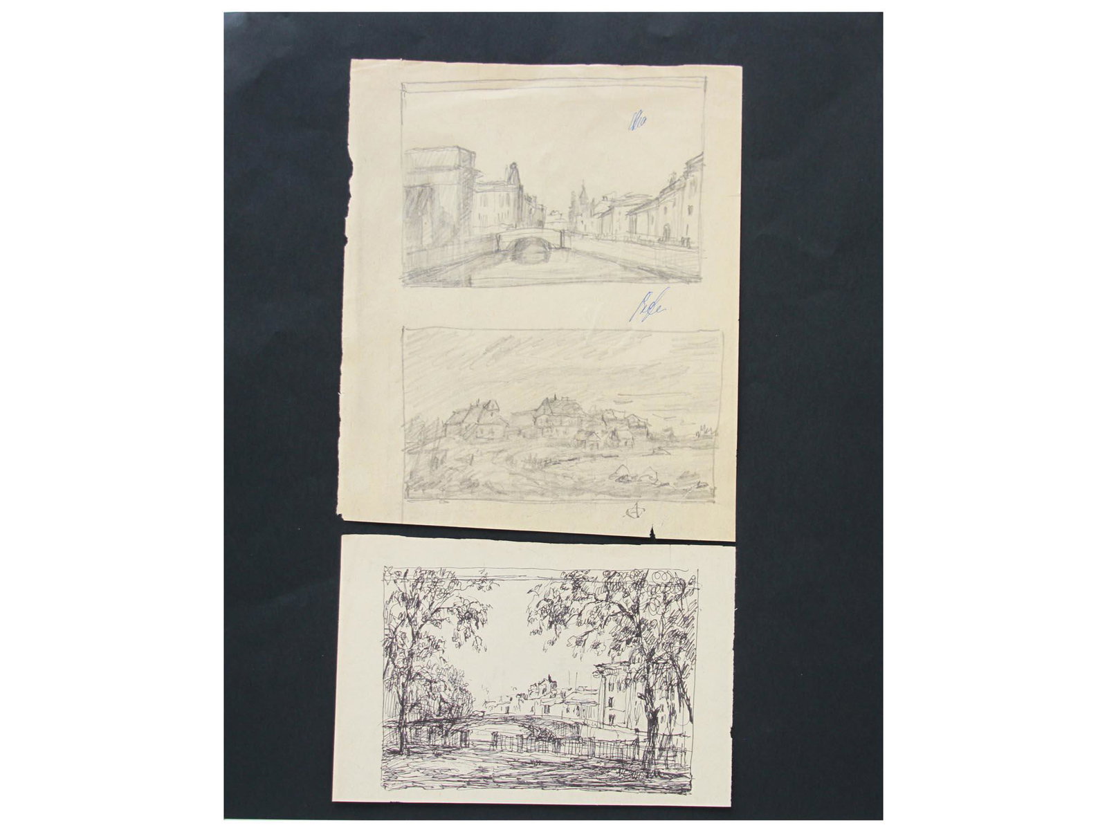 A RUSSIAN PENCIL PAINTINGS BY OSTROUMOWA LEBEDEWA: Anna Petrowna Ostroumowa-Lebedewa (Russian, Soviet, 1871-1955) two pencil and one pen paintings on paper depicting views of St. Petersburg and landscape scene. Signed lower right on the paper with two