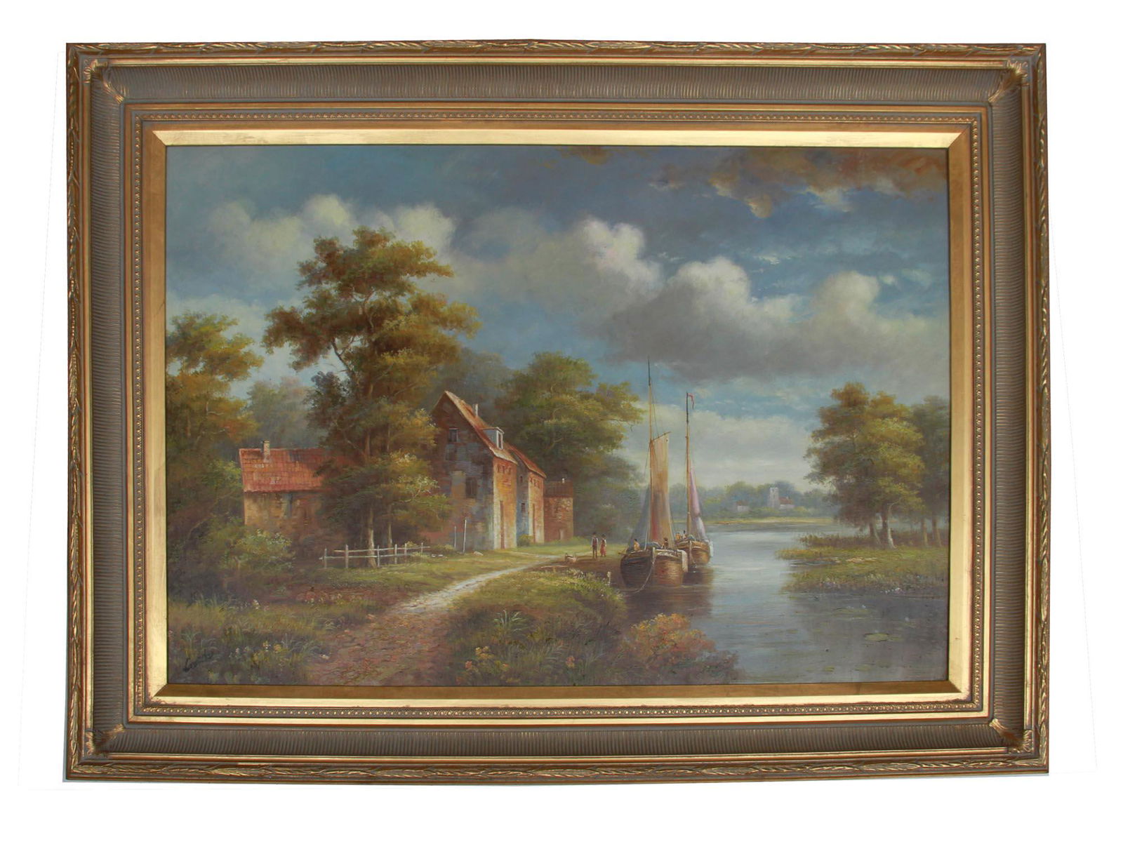 AN ANTIQUE OIL LANDSCAPE BOATS PAINTING ON CANVAS (1 of 4)