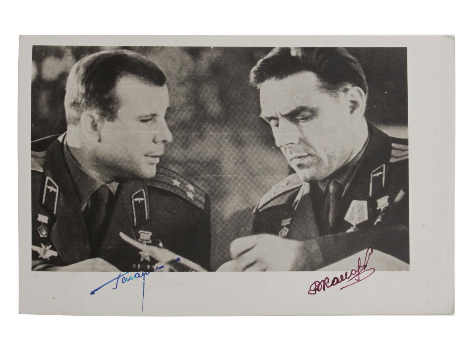 A RUSSIAN SIGNED PHOTO OF GAGARIN AND KOMAROV (1 of 2)
