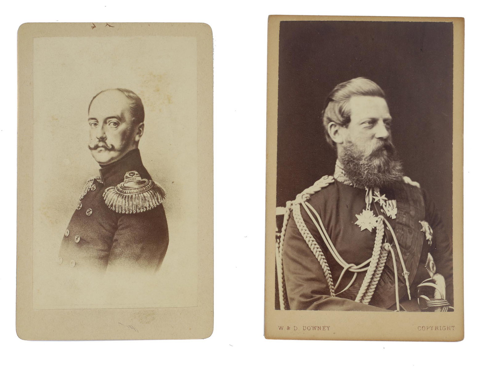 RUSSIAN EMPEROR AND PRINCE OF PRUSSIA PHOTOGRAPHS: Original period postcard photographs of Russian Emperor Nicholas I and Crown Prince Frederick William of Prussia. Dimensions: 4 x 2 1/2 in., (10 x 6.5 cm.)