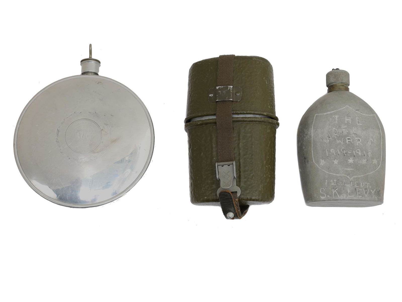 THREE MILITARY ARMY FLASKS OR CANTEENS WW1: Nicely engraved and dated WW1 Army flasks.
