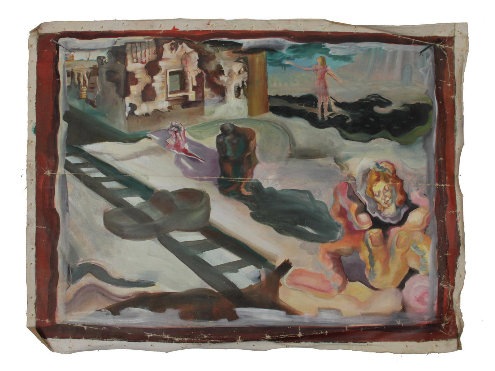AN OIL ON CANVAS SURREALIST PAINTING: The painting depicts a phantasmagoric landscape with a variety of figures. In the center is the figure of the Thinker by sculptor Rodin. Behind him is a hand with a dice in the fingers, in front of hi