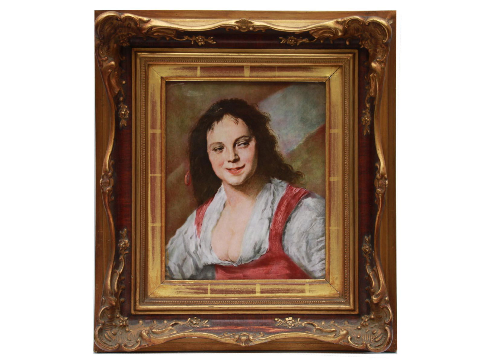 AN ANTIQUE FRANS HALS ROSENTHAL PORCELAIN PLAQUE: Frans Hals (Dutch, 1580-1666), Gypsy Girl, Rosenthal porcelain plaque. Marked, Rosenthal Germany, Figeunermadchen Von Frans Hals (1580-1666), on verso. Presented in a gilded relief frame. Dimensions: