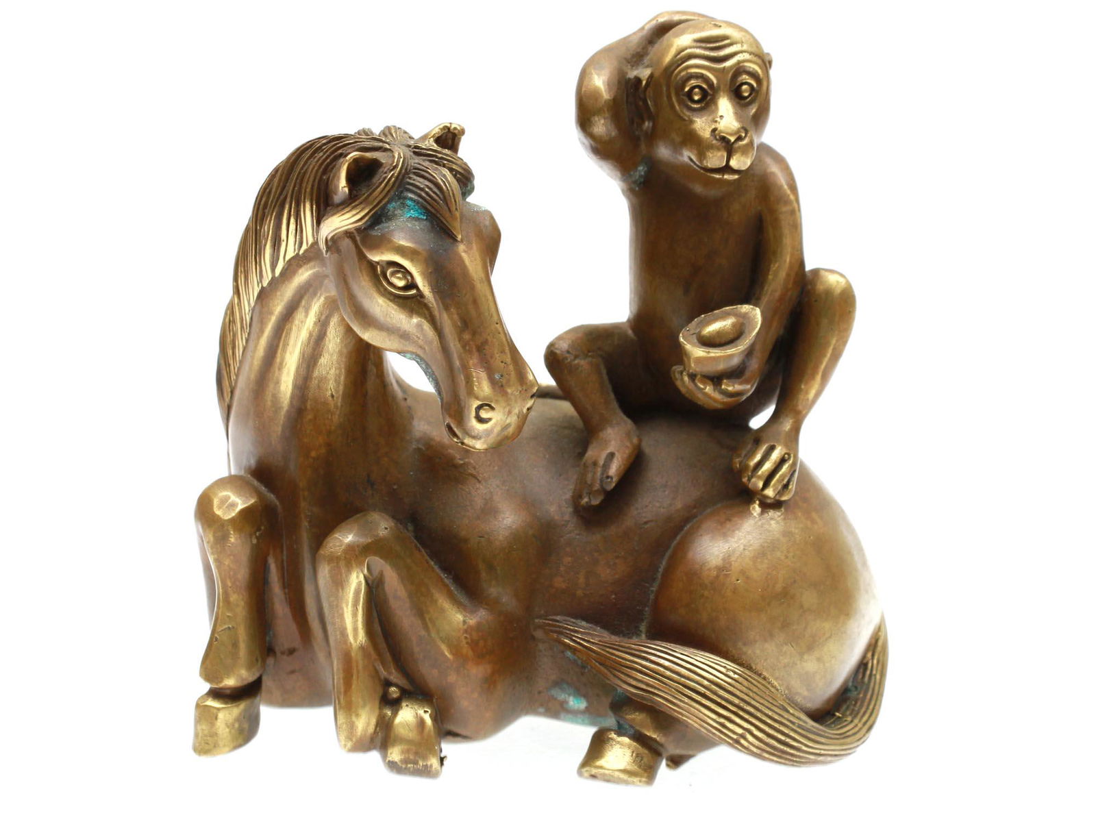 A VINTAGE CHINESE BRONZE STATUETTE MONKEY & HORSE: Vintage Chinese bronze benevolent sculpture depicting a monkey riding a horse. The surface is covered with a beautiful patina. Dimensions: H: 5 1/4 in.L: 5 in.