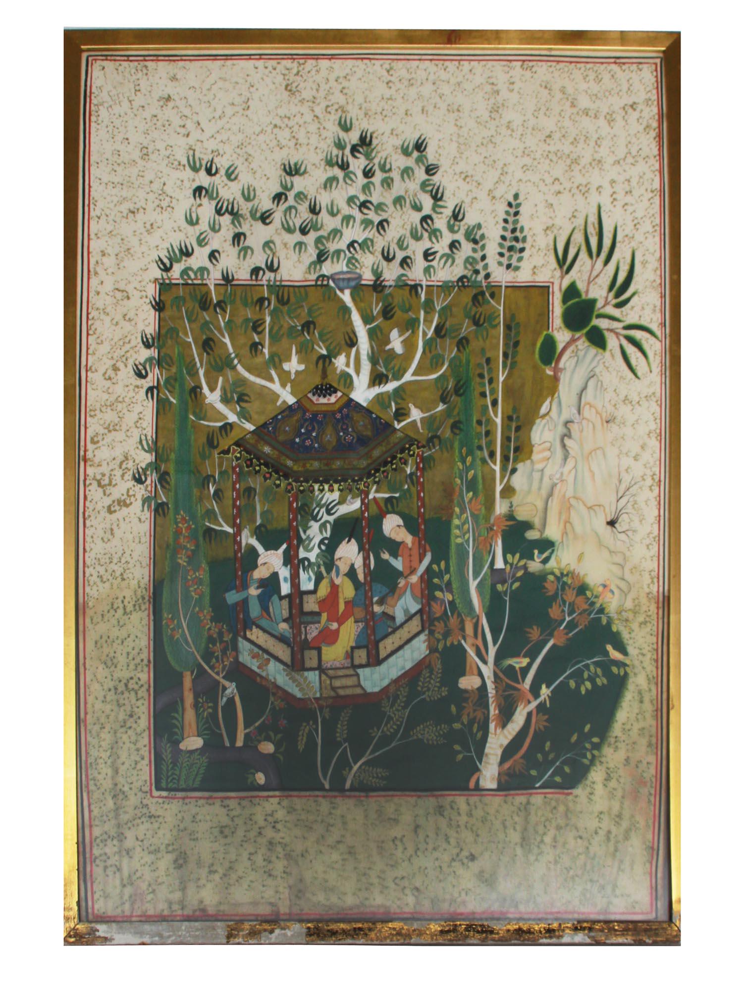 PERSIAN COLOR PAINTING ON FABRIC DEPICTING GARDEN: A Persian color painting on fabric depicting garden feast. The garden in ancient Persian culture is meant to reflect the heavenly Paidarieza (Paradise). Framed. The auction label showing a detailed de