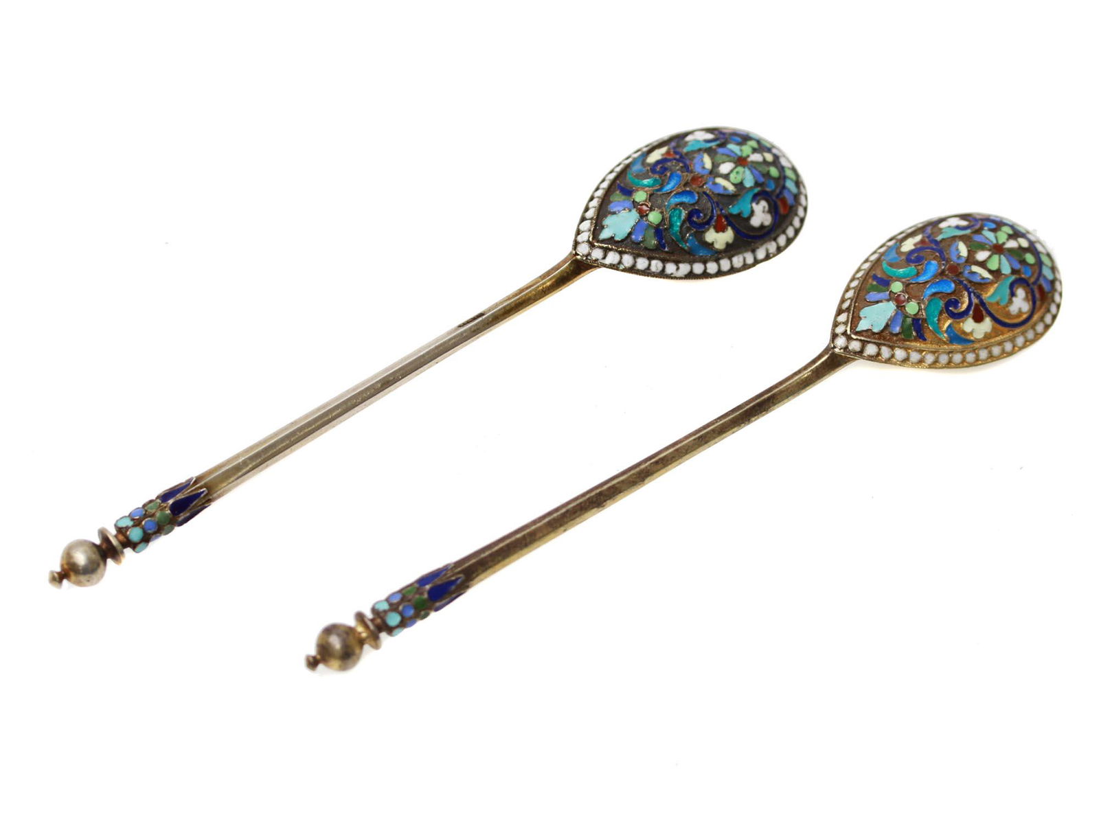 TWO RUSSIAN GILT SILVER ENAMEL SERVING TEASPOONS (1 of 5)