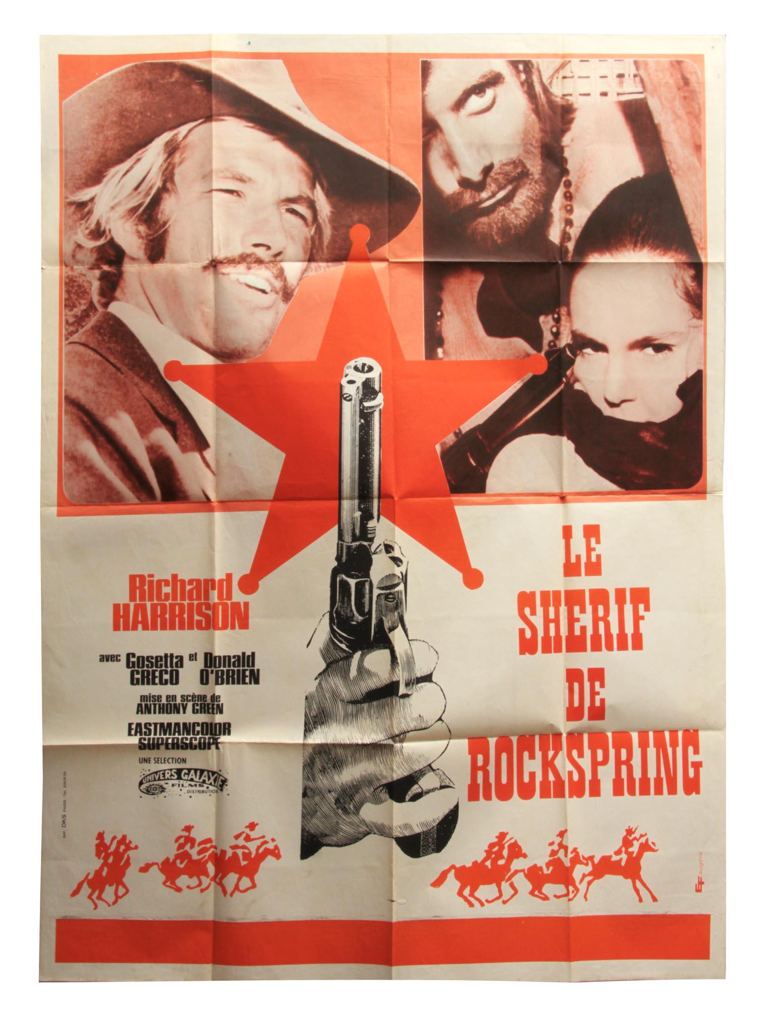 AN ORIGINAL VINTAGE FRENCH MOVIE POSTER: A poster for the western movie "Le ShÃ©rif de Rockspring " (English title: "Sheriff of Rock Springs"), directed by Anthony Green and starring Richard Harrison, Donal O'Brien and Cosetta Greco. Dimen