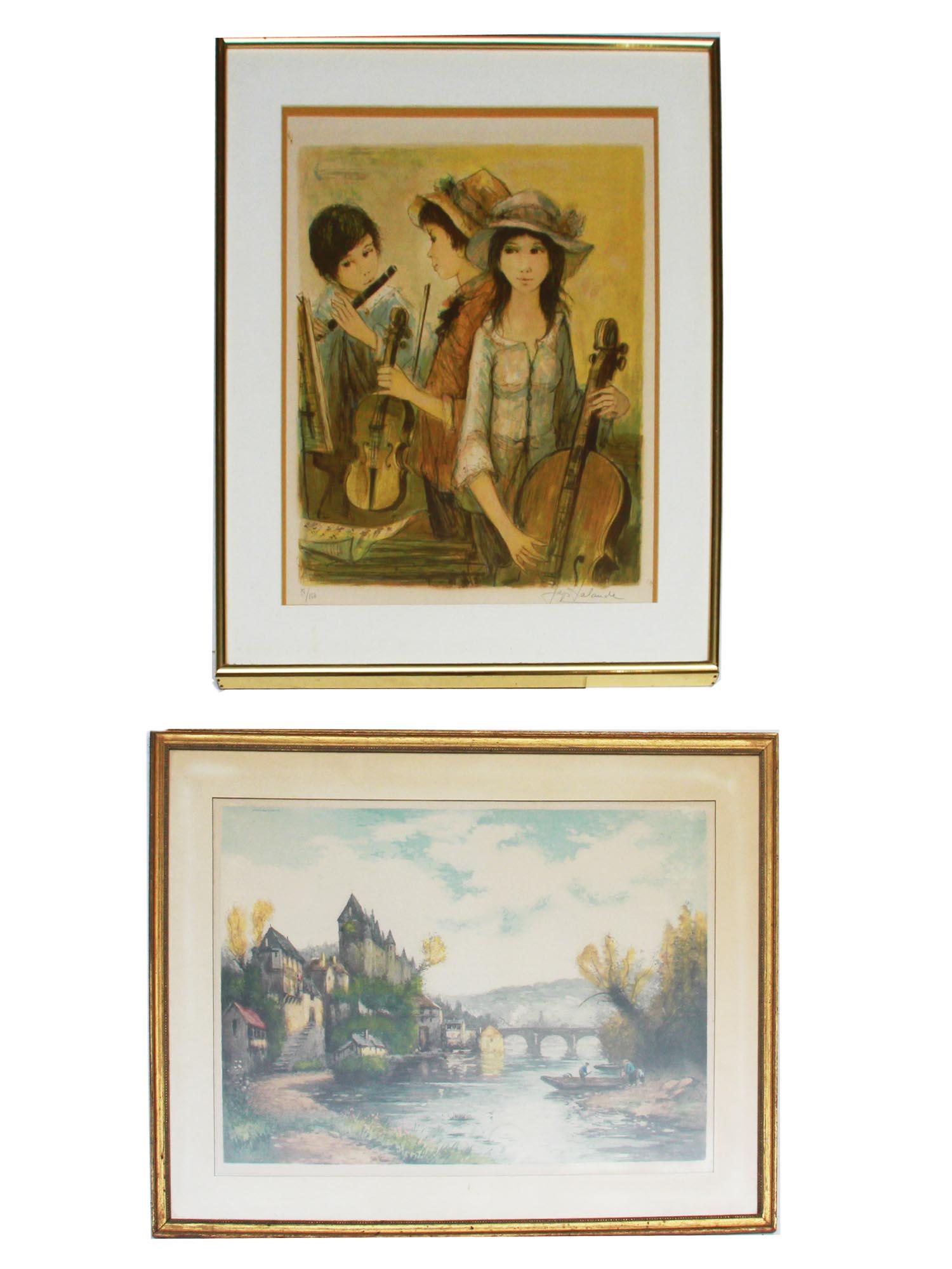 FRENCH ETCHING BY LEVIS AND LITHOGRAPH BY LALANDE: Maurice Levis (French, 1860-1940) etching on paper, Old Uzerche France, the original label of Genuine Etching with detailed information, and original sticker of Phillis Lucas Old Print Center, on vers