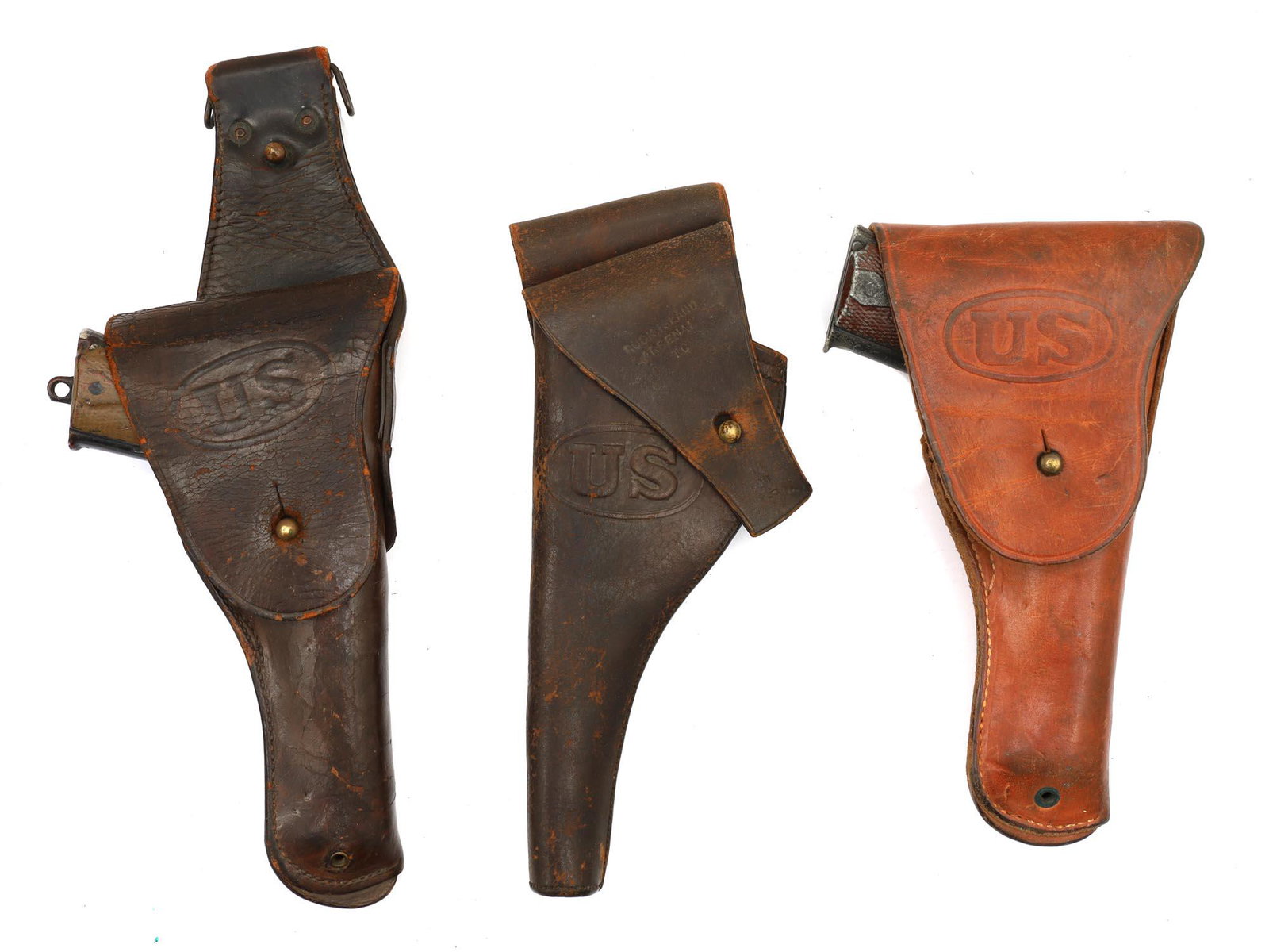 A SET OF THREE AMERICAN WW2 PISTOL HOLSTERS: Three WW2 leather pistol holsters. All three have an embossed "US" stamp on the surface. The lot includes the Rock Island Arsenal T.C. Colt holster and WWII Boyt 42 pistol holster.