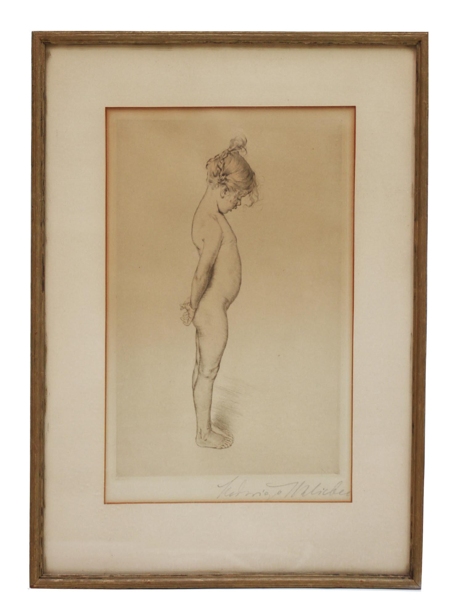 AN ANTIQUE SIGNED ETCHING OF A CHILD (1 of 4)