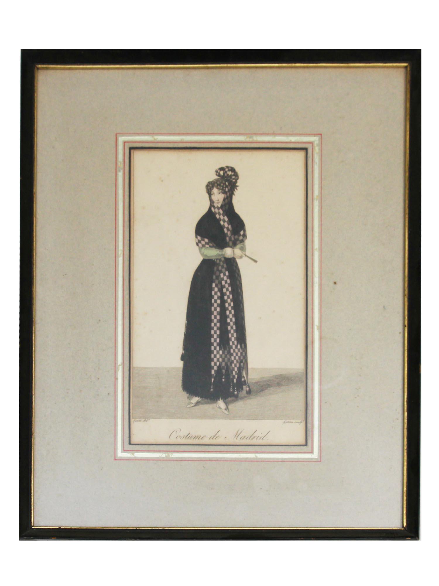 AN ANTIQUE ENGRAVING ON PAPER COSTUME DE MADRID: A 19th-century color engraving on paper, Costume de Madrid, depicting a Spanish fashion, a woman in dress, headdress, mantilla, veil. Titled in plate lower to the center. Signed in plate lower right a