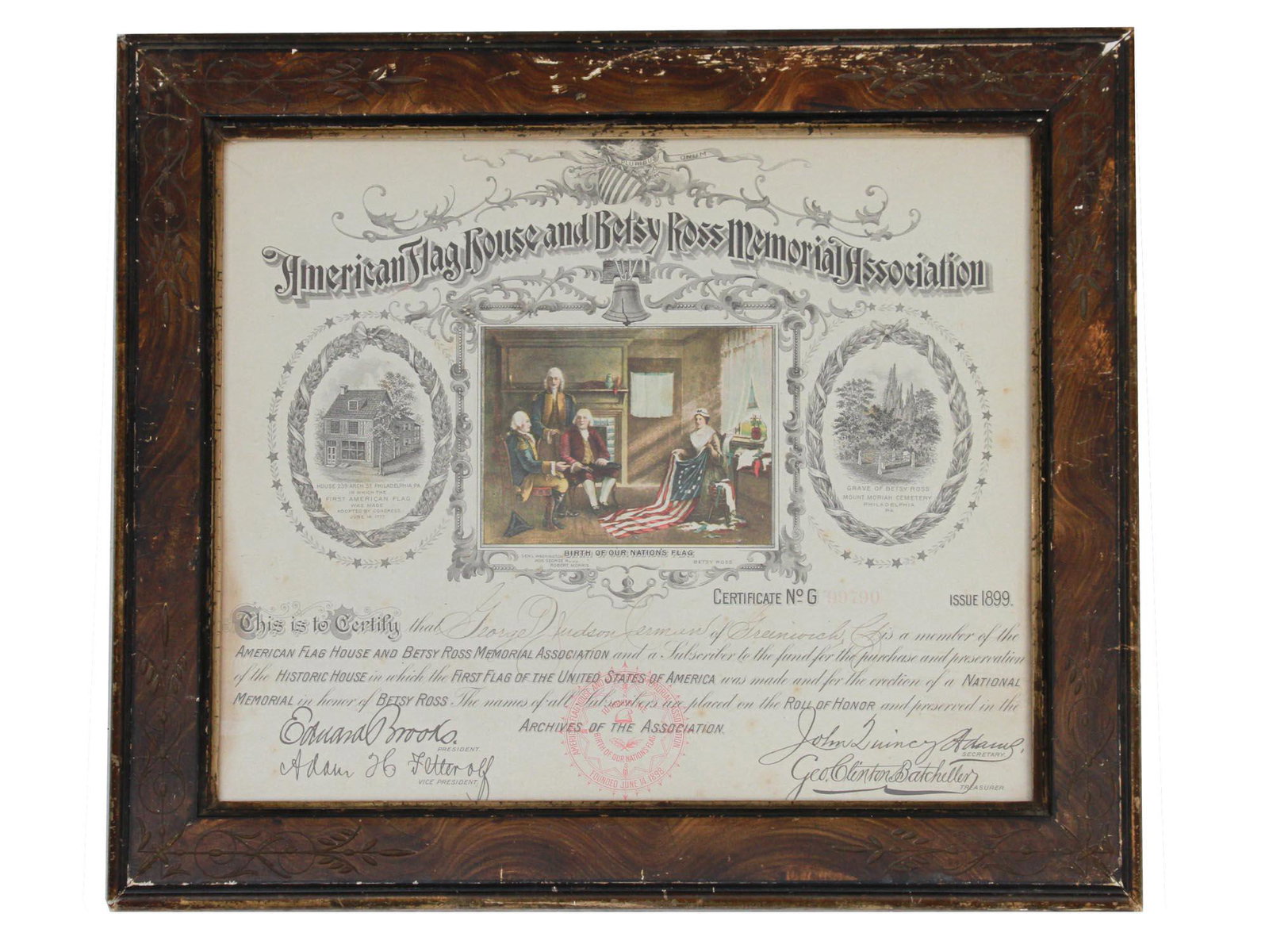 AN ANTIQUE AMERICAN MEMBERSHIP CERTIFICATE: Early 20th-century American membership certificate of the American Flag House and Betsy Ross Memorial Association. Partly filled by hand. With Chas. H. Weisgerber painting Birth of Our Nation's Flag. 