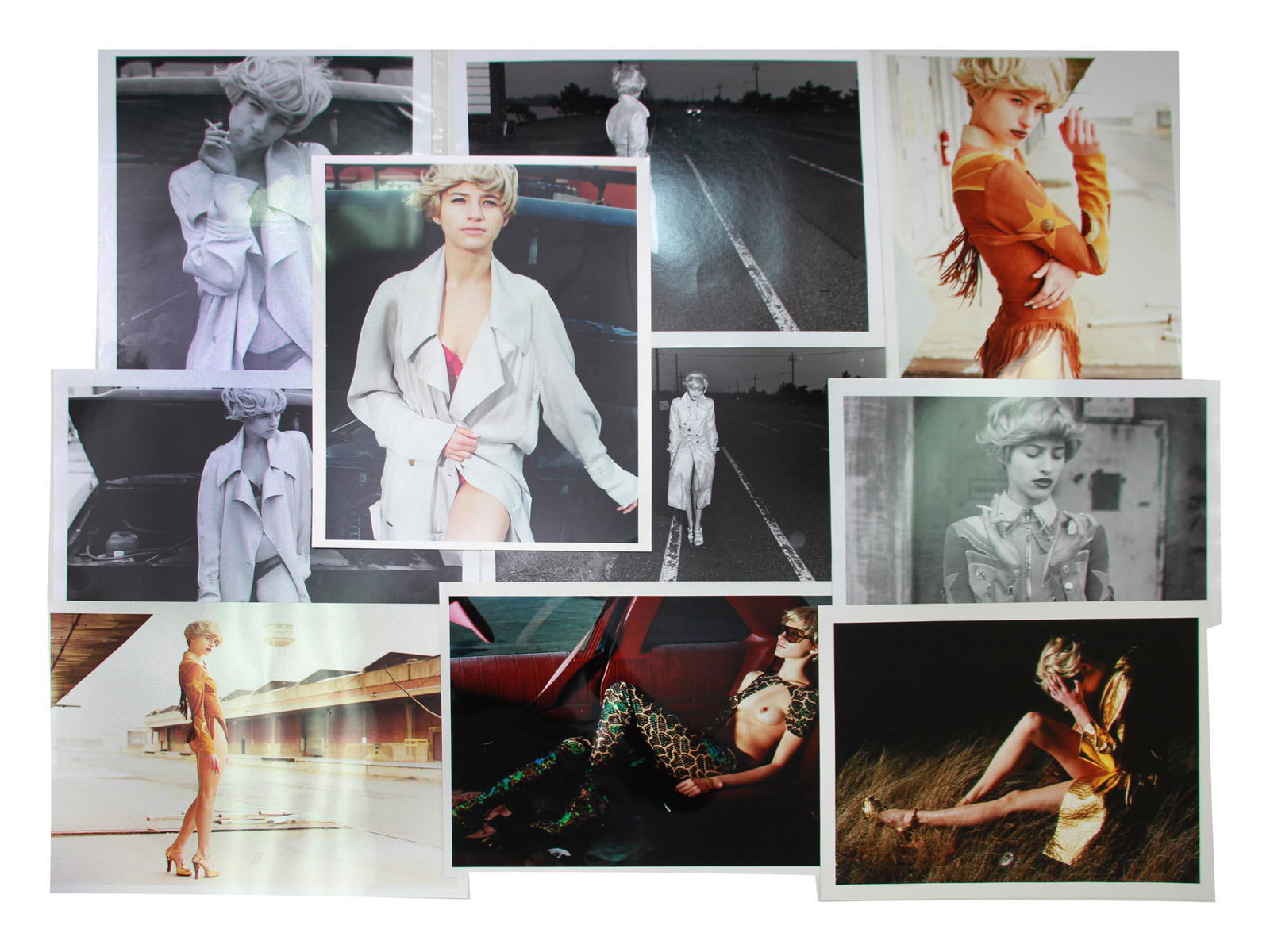 SET OF TEN JAPANESE AMERICAN FASHION PHOTOGRAPHS: A set of ten color and black and white fashion photographs with American model Sara Ziff from a photoshoot for a Ryuko Tsushin, Japanese magazine, July 2004. Photographer, probably, Takaki Kumada. Dim