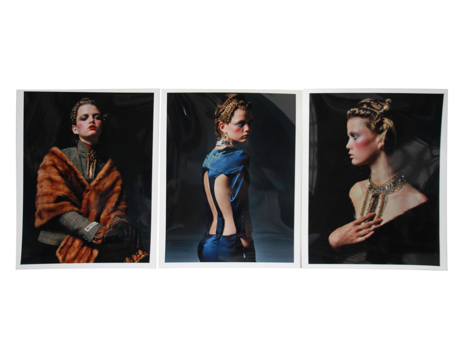 SET OF THREE JAPANESE AMERICAN FASHION PHOTOGRAPH: A set of three color fashion photographs with American model Jennifer Pugh from a photoshoot for a Ryuko Tsushin, a Japanese magazine. Circa 2000-2007. Photographer, probably, Takaki Kumada. Dimension