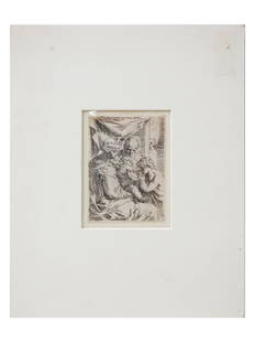 AN ANTIQUE PRINT BY GIOVANNI GIACOMO DE ROSSI: An early print by Giovanni Giacomo de' Rossi (Italian, 1627-1691). After Simone Cantarini: Holy Family with Saint John the Baptist kissing the infant Christ's hand. Signed in print from above: Gio