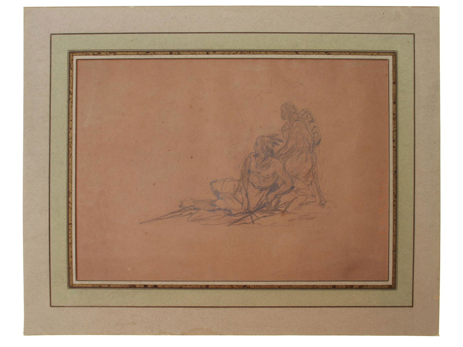 PENCIL PAINTING OF AMERICAN INDIANS ATTR JOHANNOT: Attributed to Tony Johannot (French, 1803-1852) pencil painting of American Indians. Circa 19th century. Signed with embossing, lower on the right side. The auction label showing detailed information