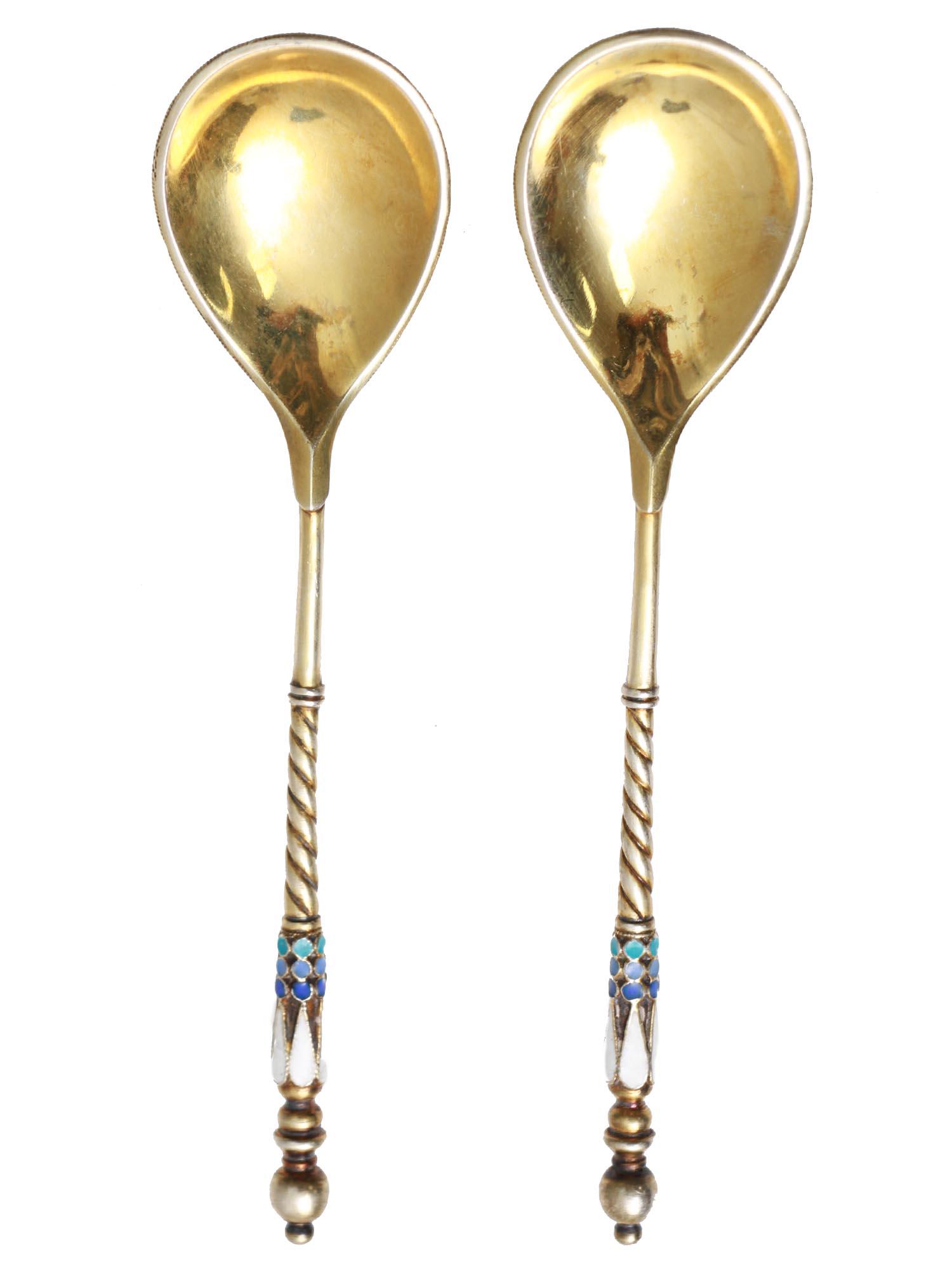 PAIR OF RUSSIAN ENAMELED GILT SILVER TEA SPOONS (1 of 5)