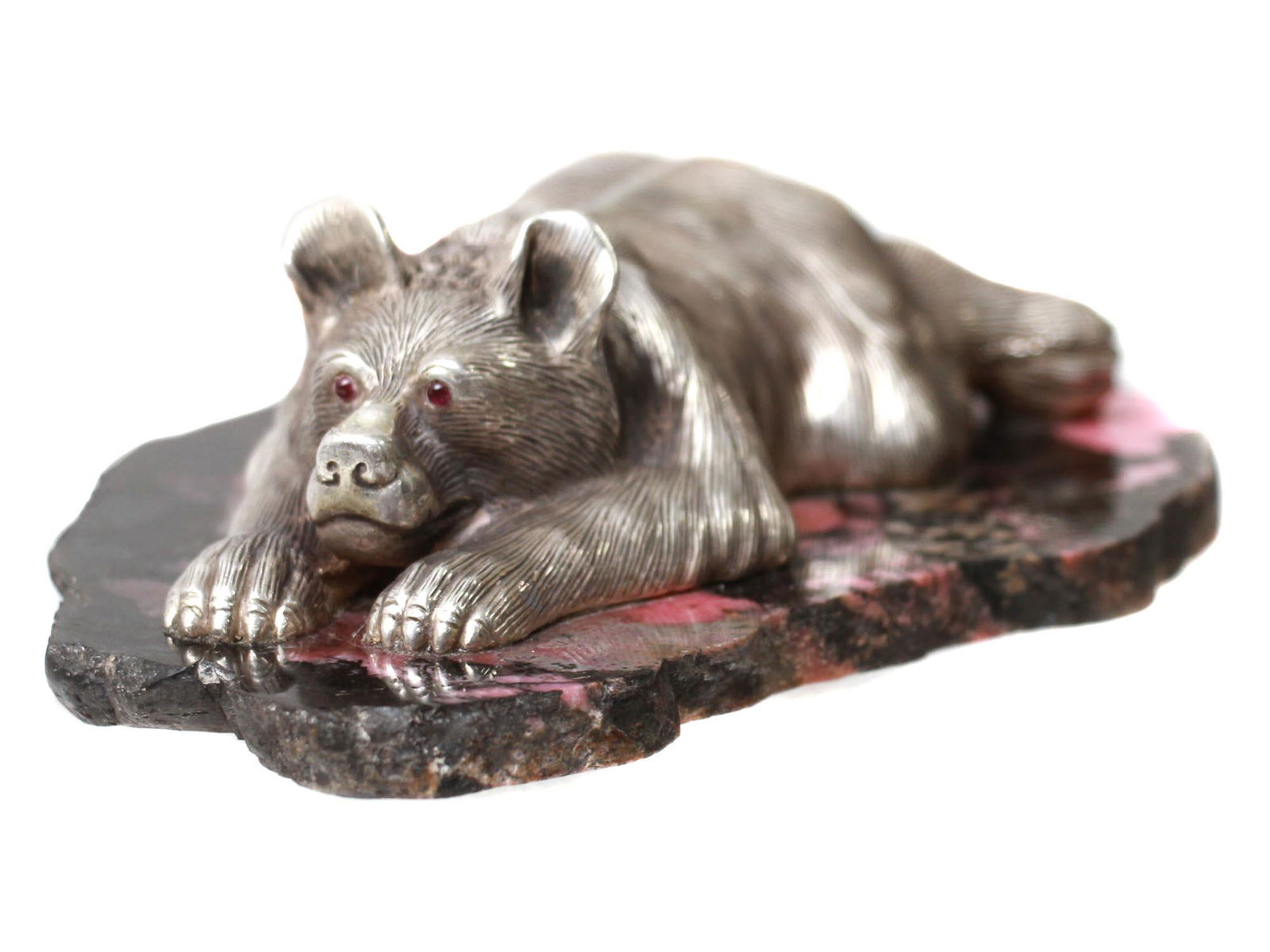 RUSSIAN CARVED SILVER BEAR FIGURINE ON RHODONITE (1 of 8)