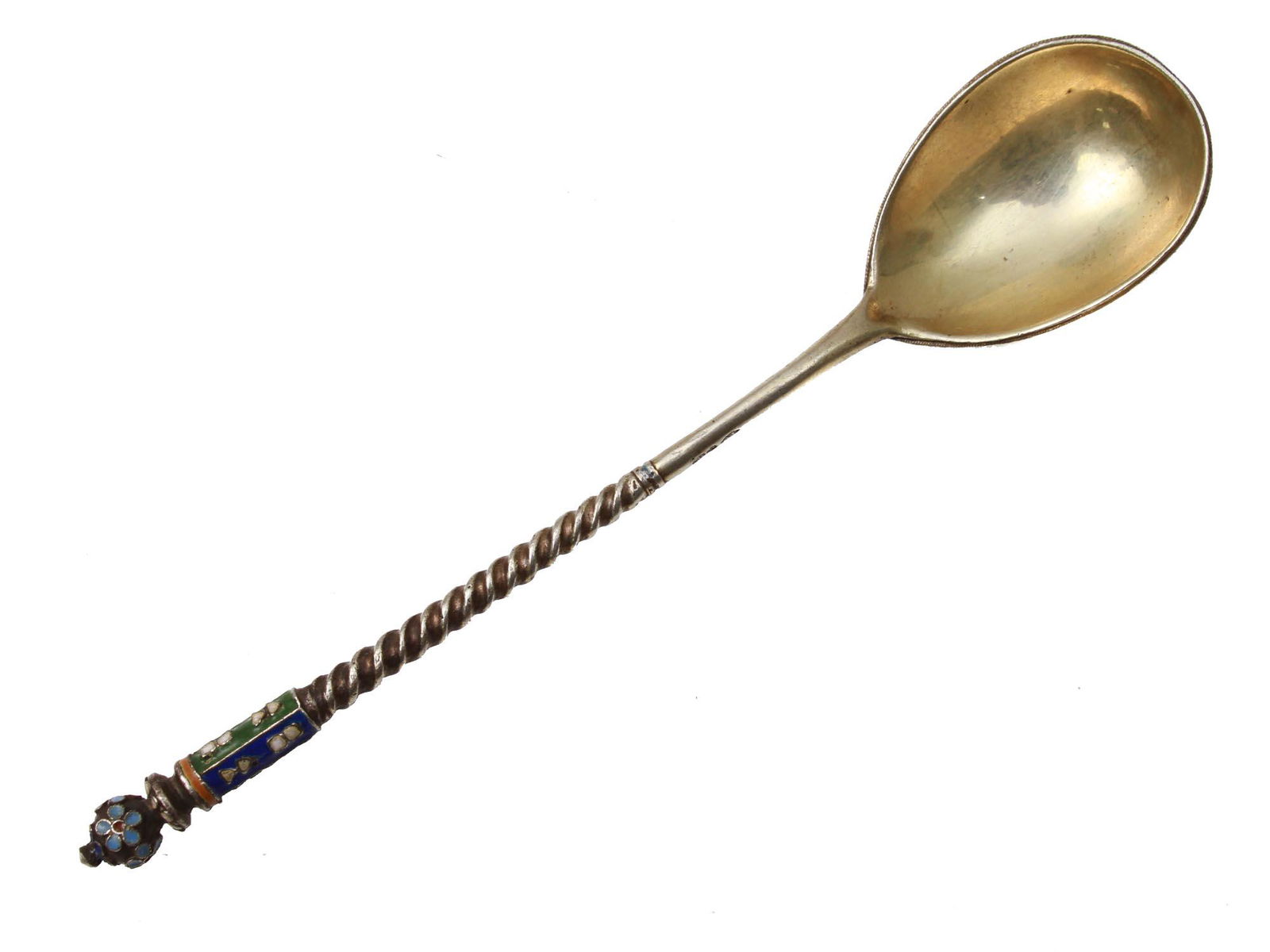 A RUSSIAN GILT SILVER AND CLOISONNE ENAMEL SPOON (1 of 6)