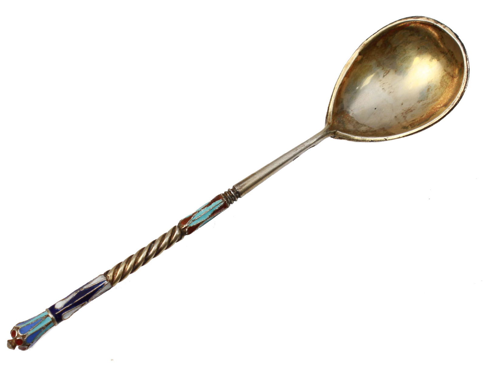 A RUSSIAN SILVER GILT AND CLOISONNE ENAMEL SPOON (1 of 6)