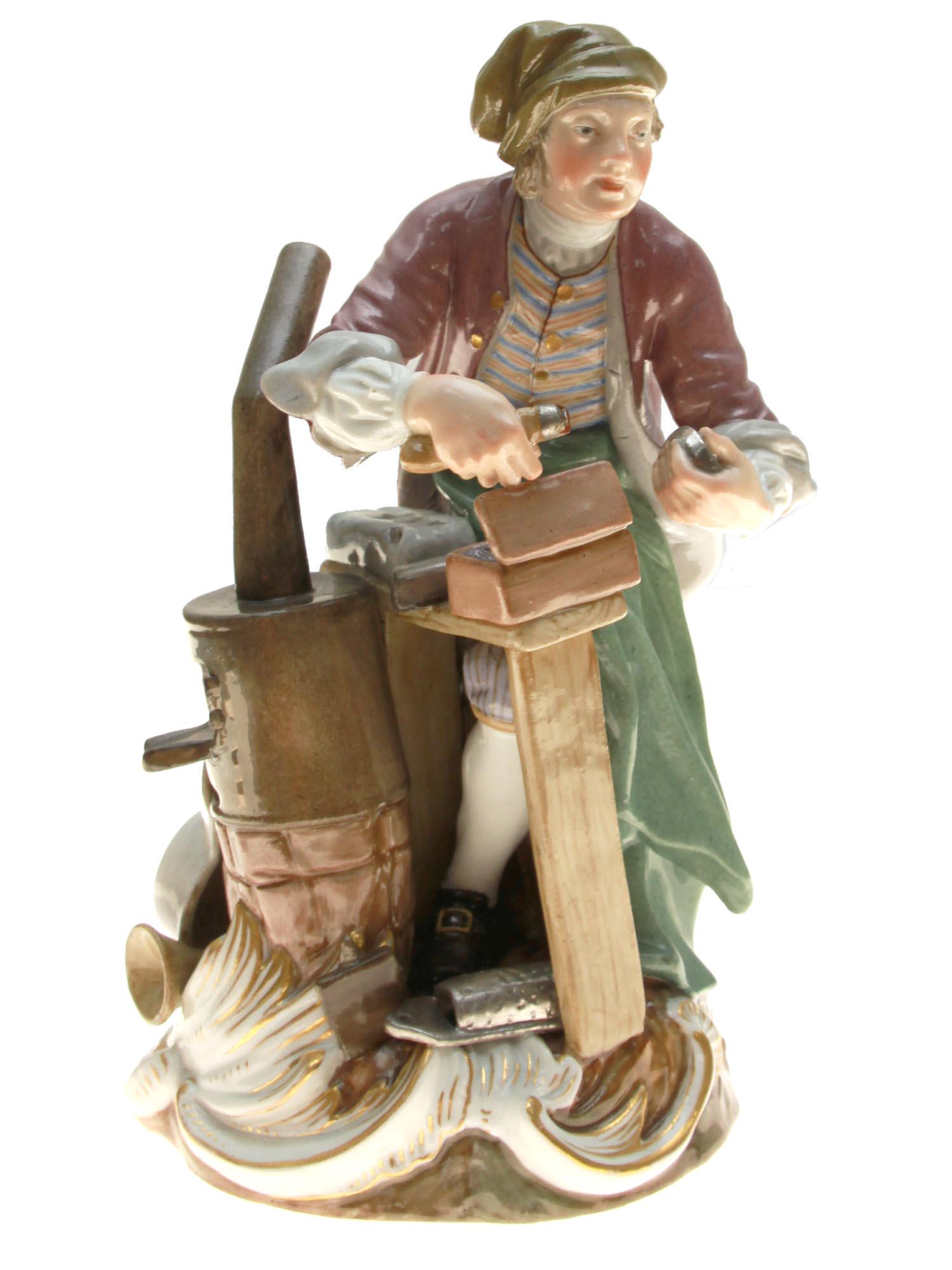ANTIQUE GERMAN MEISSEN PORCELAIN PAINTED FIGURINE: Antique German Meissen porcelain hand-painted figurine on a base depicting a carpenter. Marked in blue underglaze, and numbered, 389 and 107, under the base. Dimensions: H: 6 3/4 in.