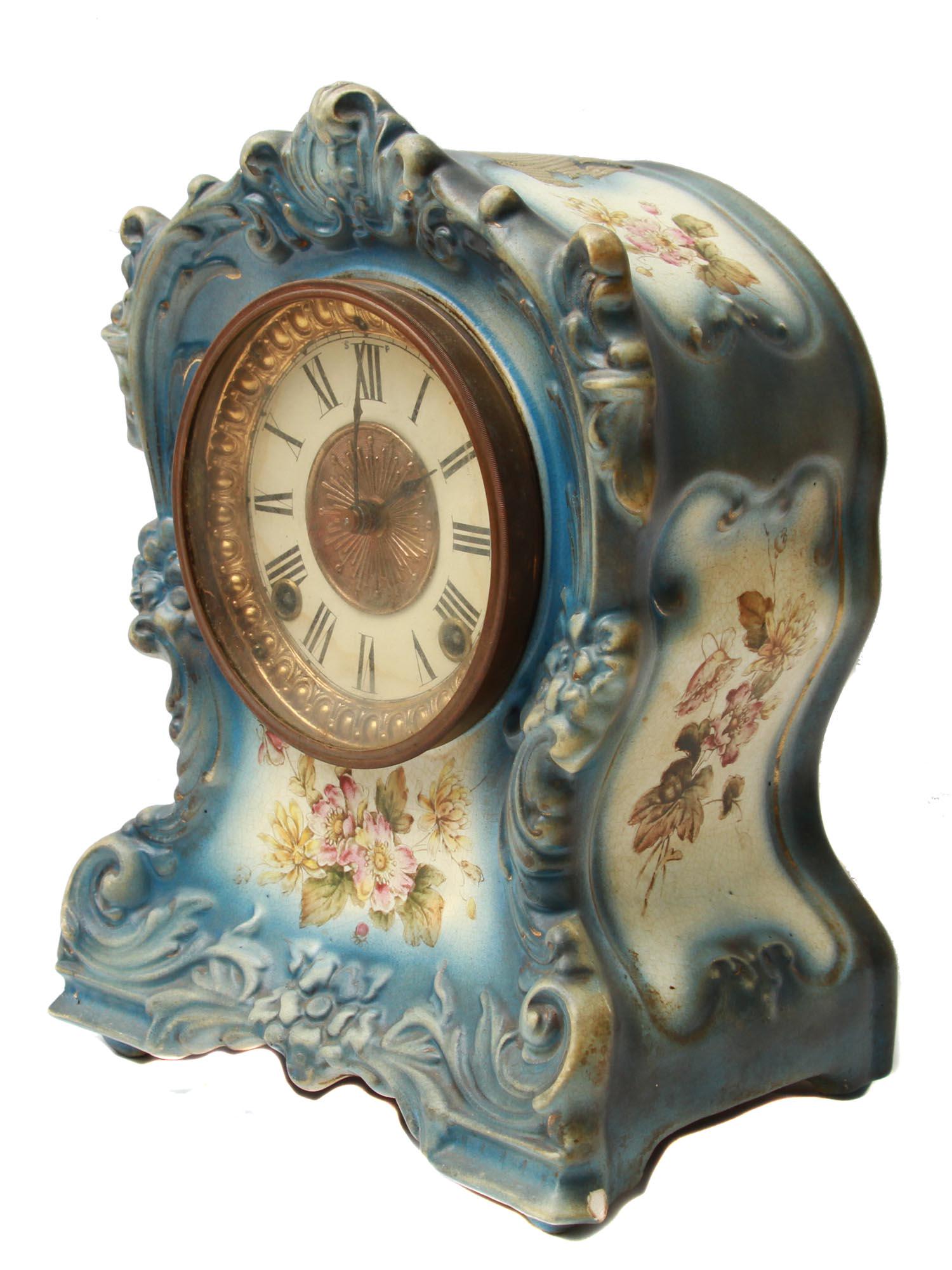 AN ANTIQUE ANSONIA PORCELAIN MANTEL CLOCK, TORN (1 of 11)