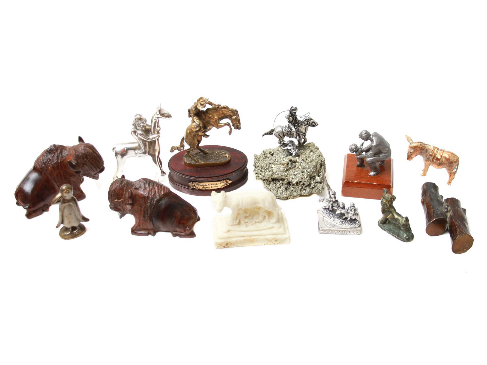 LOT OF TWELVE VINTAGE CARVED WOOD BRASS FIGURINES (1 of 13)