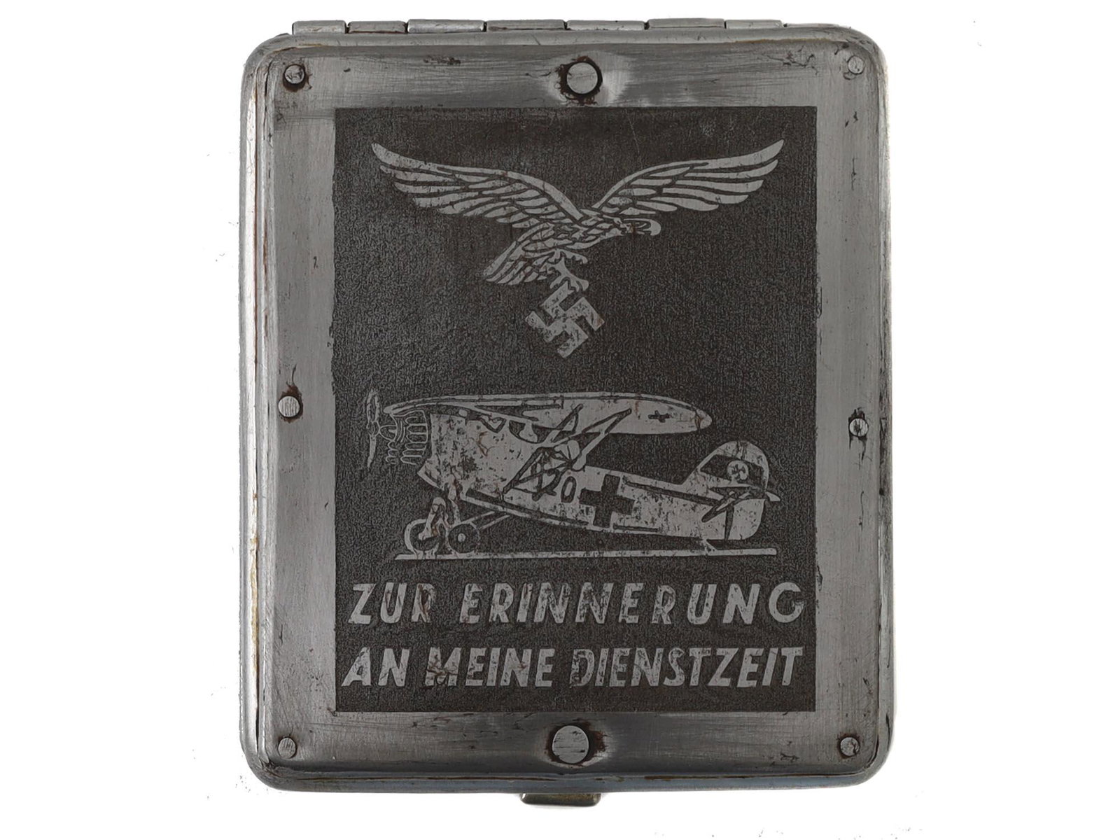 WWII GERMAN NAZI LUFTWAFFE PILOT CIGARETTE CASE: WWII German Nazi Luftwaffe original metal pilot's cigarette case. Engraved with eagle swastika insignia and inscription, Zur Erinnerung an Meine Dienstzeit (As a Reminder of My Service Time). Leather 