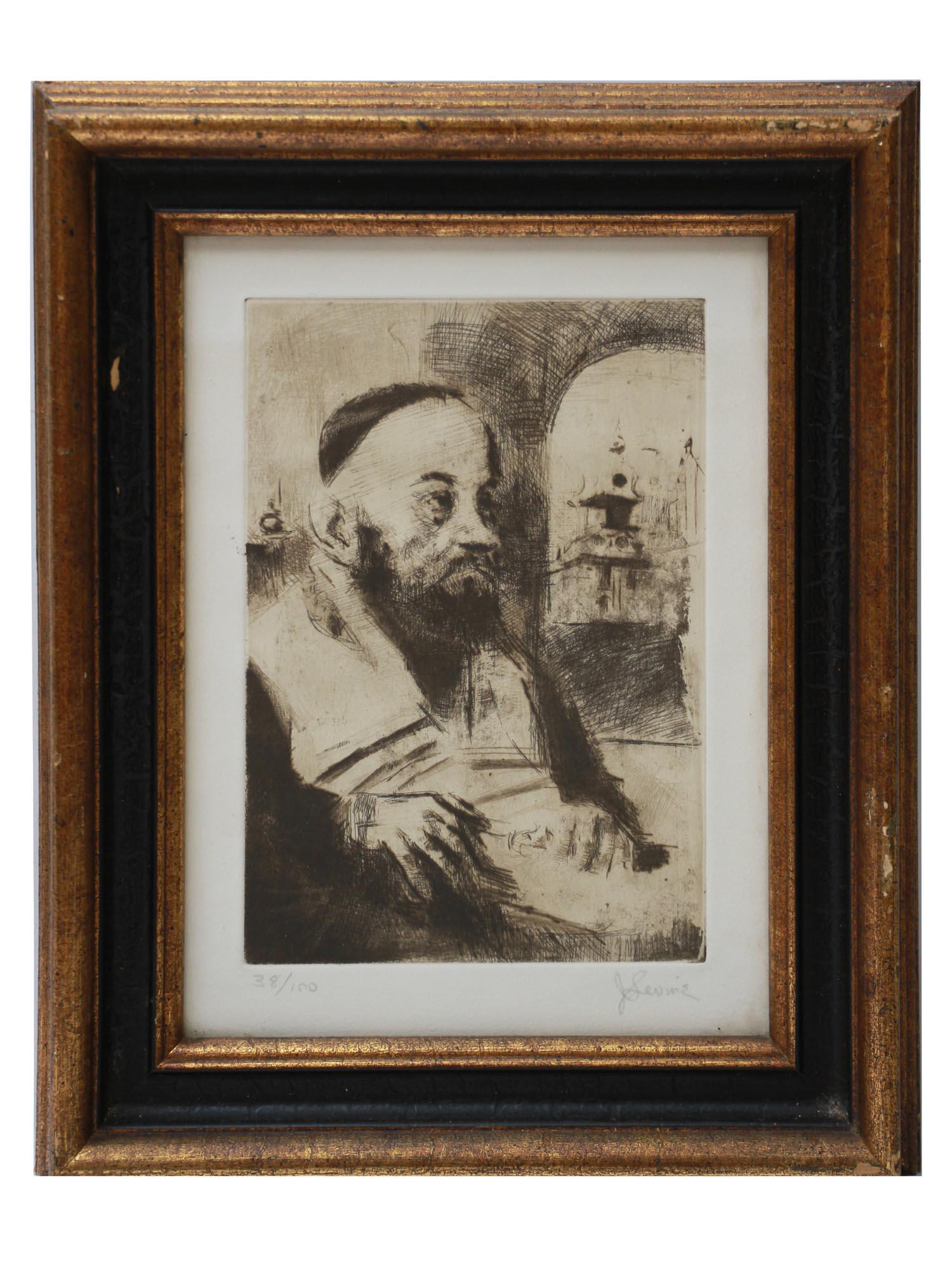 AMERICAN ETCHING ON PAPER RABBI BY JACK LEVINE: Jack Levine (American, 1915-2010) etching on paper, Rabbi. Signed in pencil, lower right. Numbered in pencil, 38 of 100, lower left. Framed. Jack Levine was an American Social Realist painter and prin