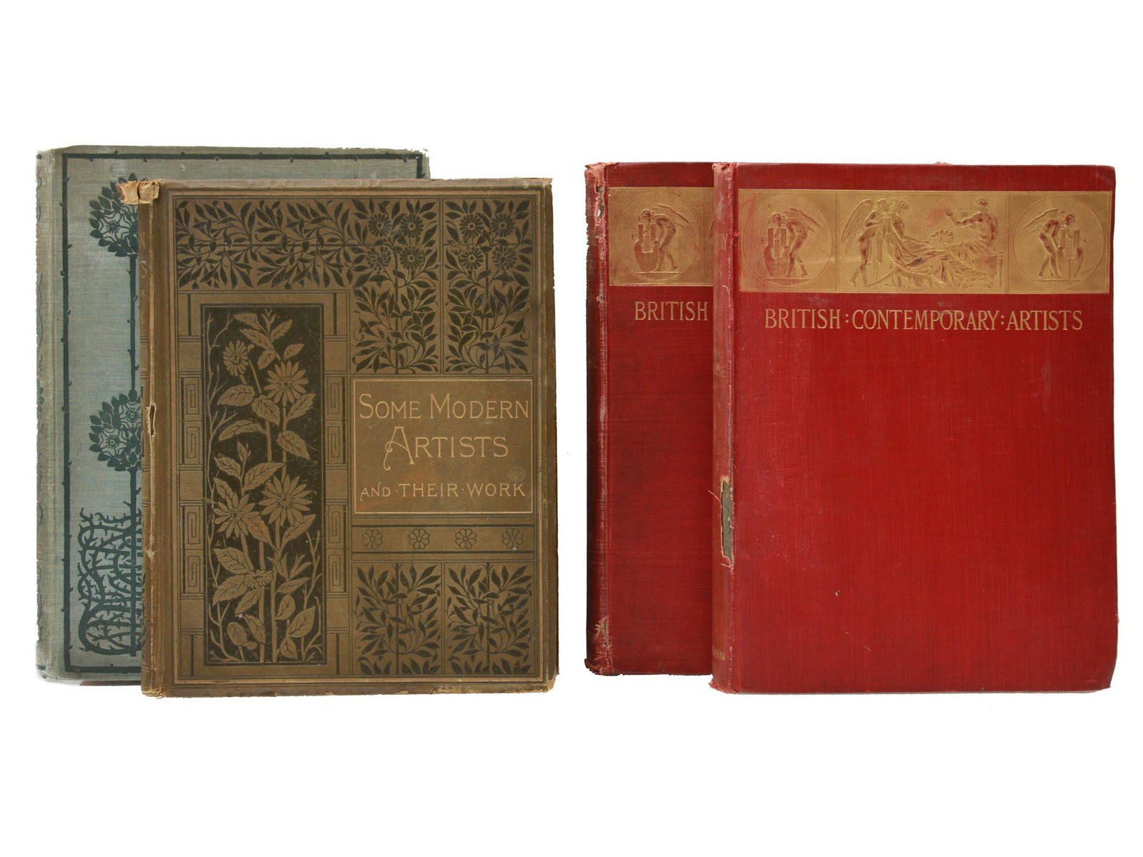 LOT FOUR ANTIQUE ART BOOKS BRITISH MODERN ARTISTS: A lot of four antique art books including pair of British Contemporary Artists, decorated with goldtone artistic embossing on the front; Some Modern Artists and Their Work, decorated with floral embos