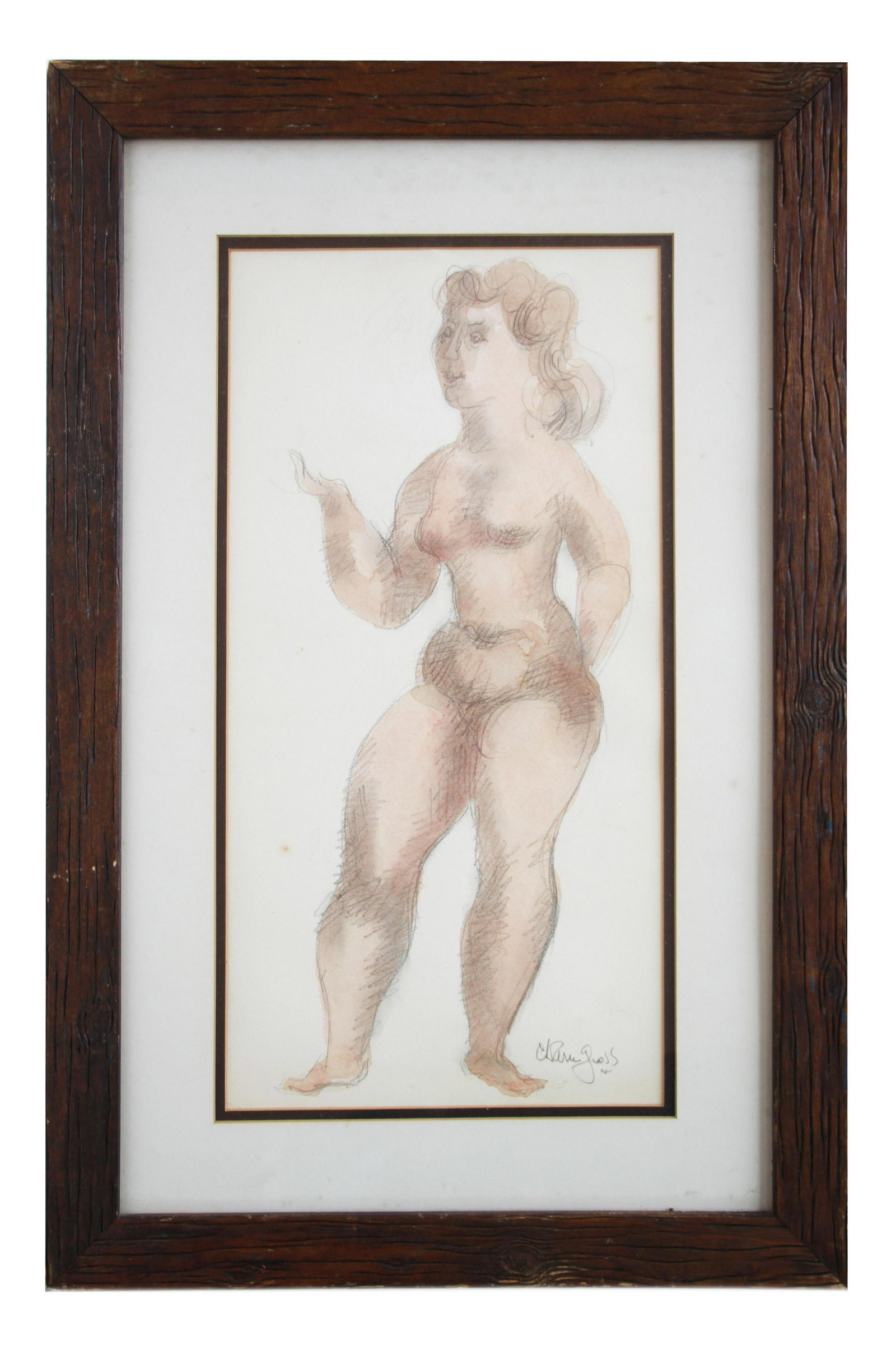 AMERICAN WATERCOLOR PAINTING NUDE BY CHAIM GROSS: Chaim Gross (American, 1904-1991) watercolor and pencil painting on paper, Standing Nude. Signed and dated indistinctly lower right. Framed. Provenance: The Doyle New York: N/A, December 09, 2009, lot
