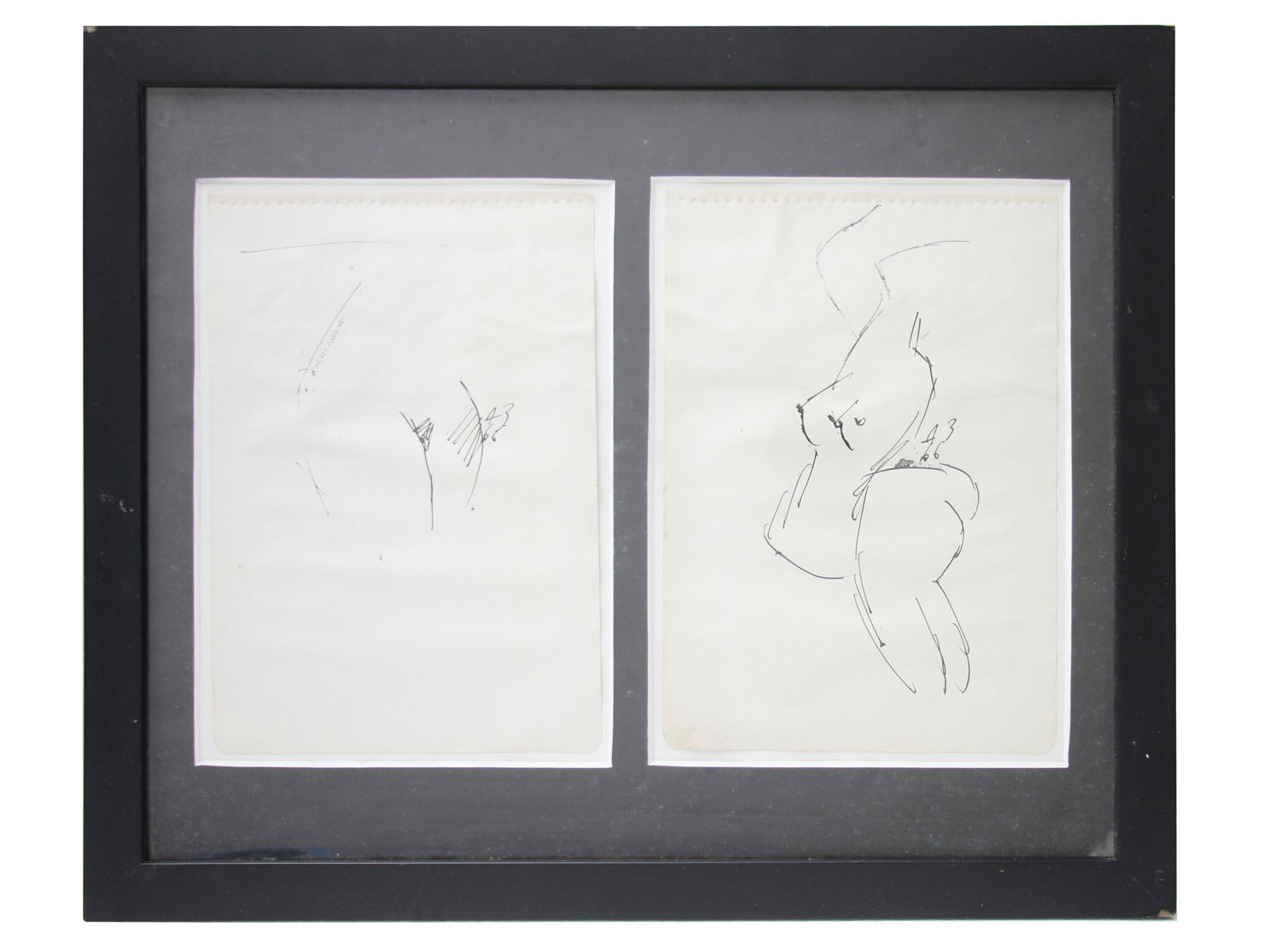 RUSSIAN INK PAINTING NUDE BY ANATOLY ZVEREV: Anatoly Zverev (Russian, Soviet, 1931-1986) pair of ink paintings on paper depicting nude bodies, 1966. Signed and dated to the center. Framed. Zverev is a Russian Avant-Garde and graphic artist, a le
