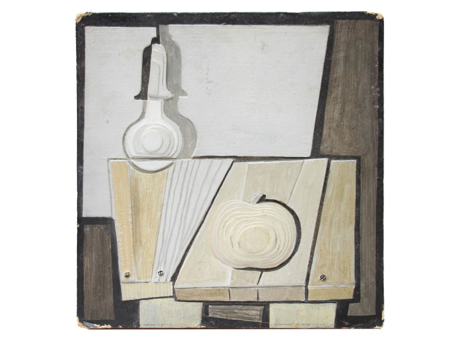 A MALKHAZ DADUKISHVILI MIXED MEDIA PAINTING: Still life in the form of a collage by Malkhaz Datukishvili (Georgian, born 1959), mixed media on board. Signed by the artist on the reverse in Georgian, dated 1987. Dimensions: Size: 12 1/4 X 11 3/4