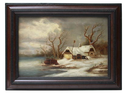 AMERICAN OIL PAINTING VIEW BY WILLIAM MASON BROWN: William Mason Brown (American, 1828-1898) oil painting on canvas depicting winter village landscape view. Framed. Brown was one of the better known of the Hudson River Schoolâ€™s second