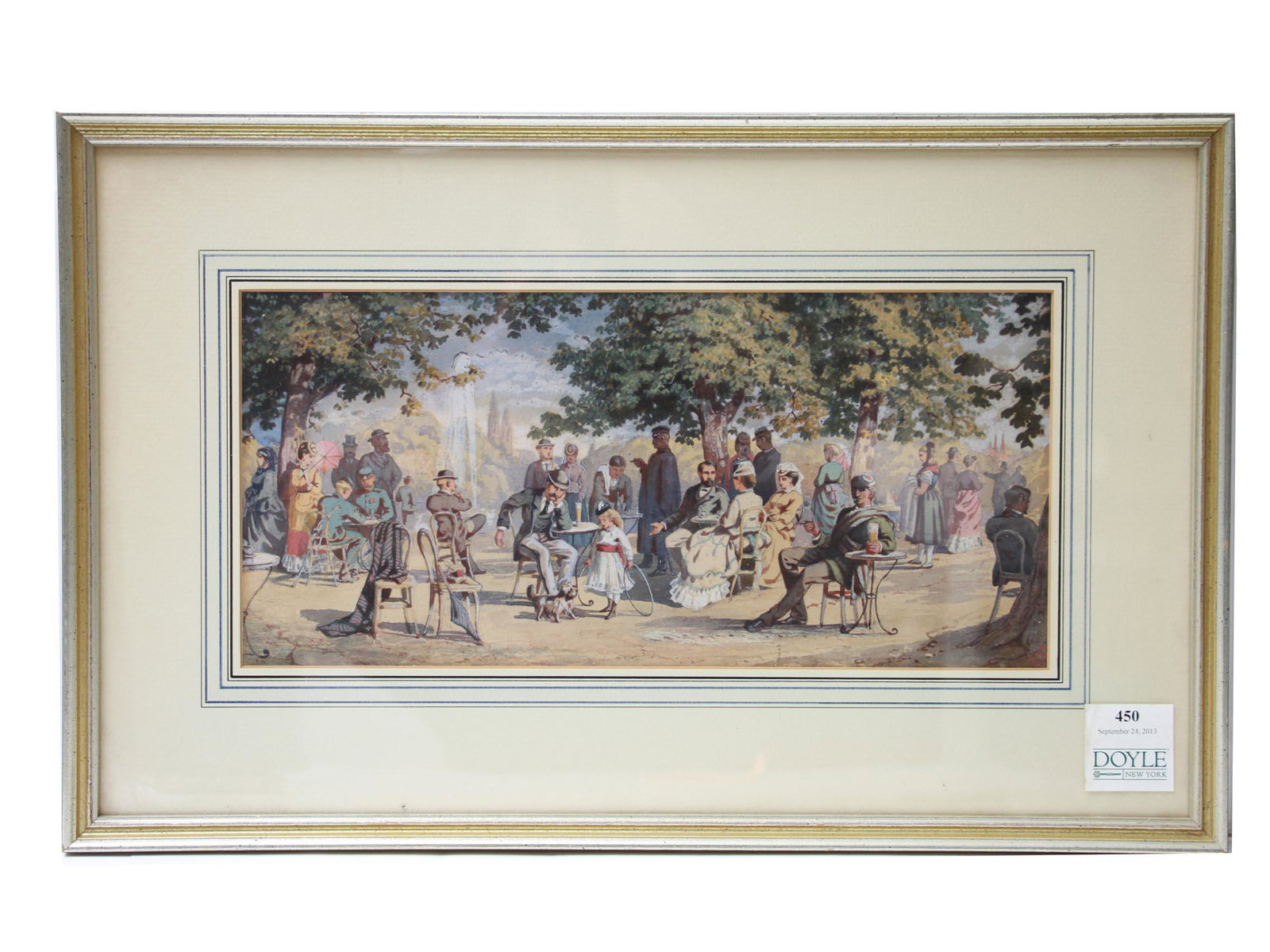 19TH CENTURY FRENCH SCHOOL WATERCOLOR PAINTING: French School 19th Century watercolor painting on paper, Cafe in the Park. Signed indistinctly with a monogram, lower right. Framed. Provenance: The Doyle New York: The Leo Lerman & Gray Foy Collectio