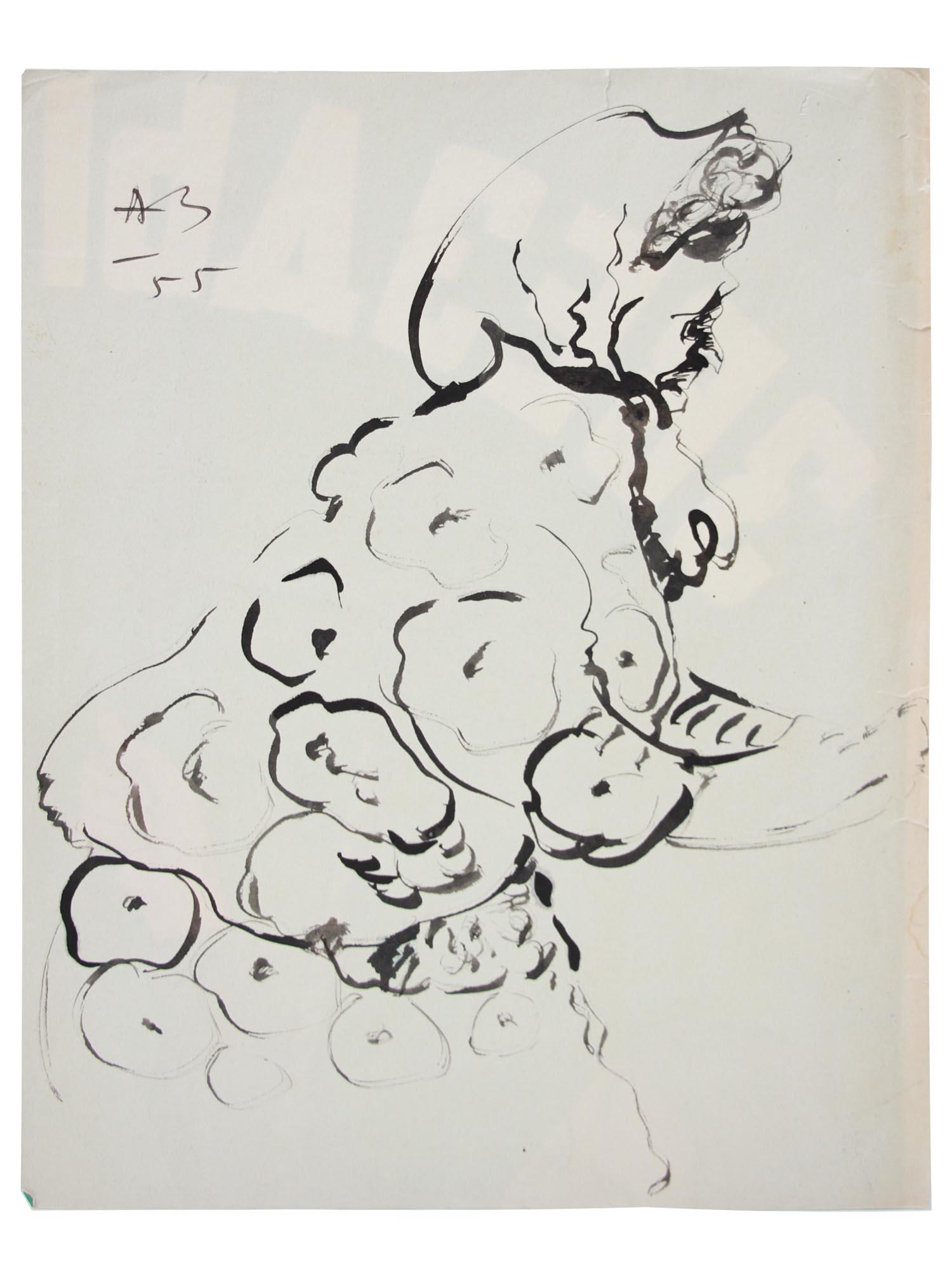 RUSSIAN INK PAINTING WOMAN BY ANATOLY ZVEREV: Anatoly Timofeivich Zverev (Russian, 1931-1986) ink painting on paper depicting a woman figure in a scarf, 1955. Signed and dated upper left. Additionally signed in pencil on the back. A Soviet poster