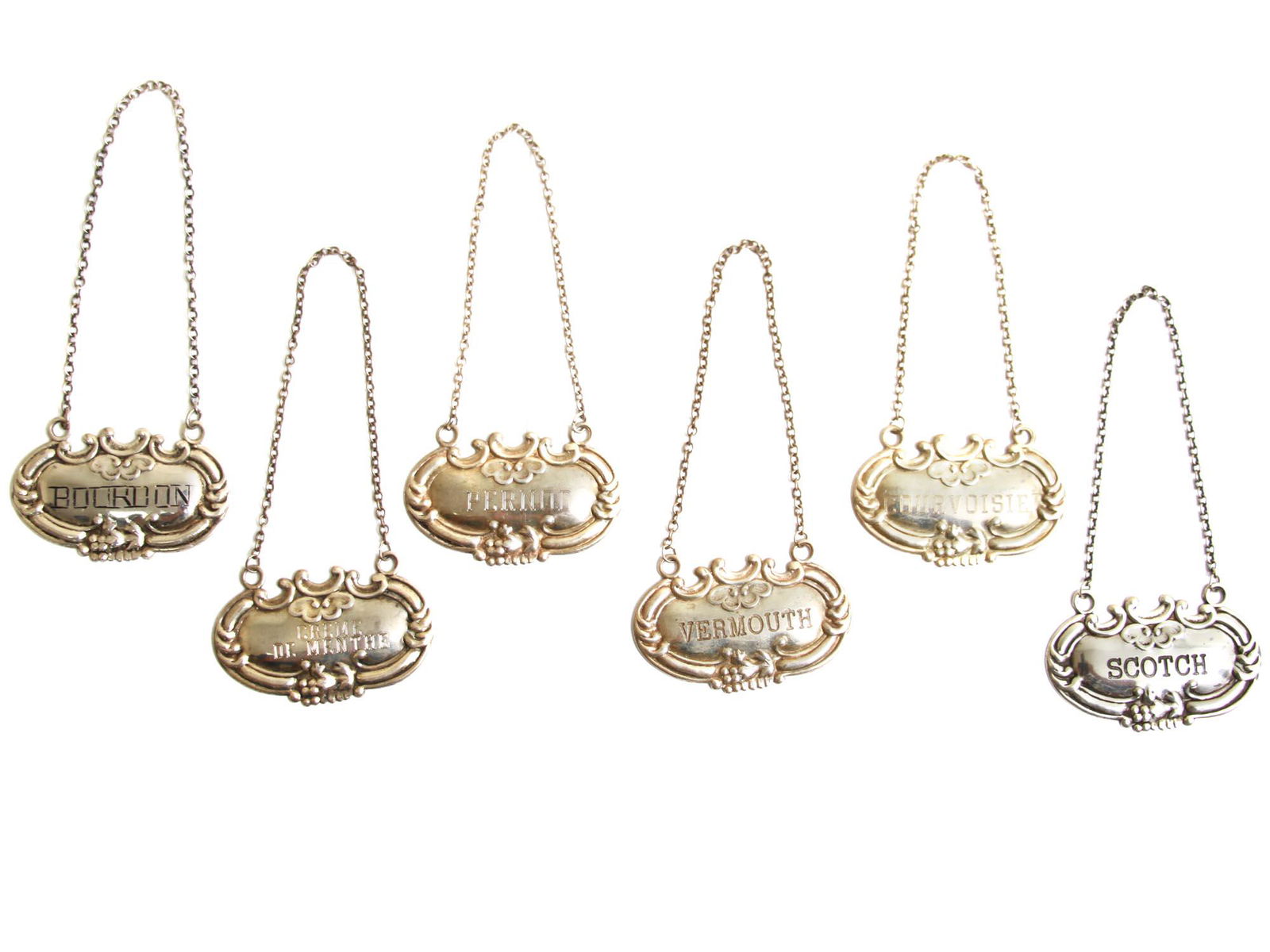 A LOT OF SIX VINTAGE STERLING SILVER LIQUOR TAGS (1 of 6)